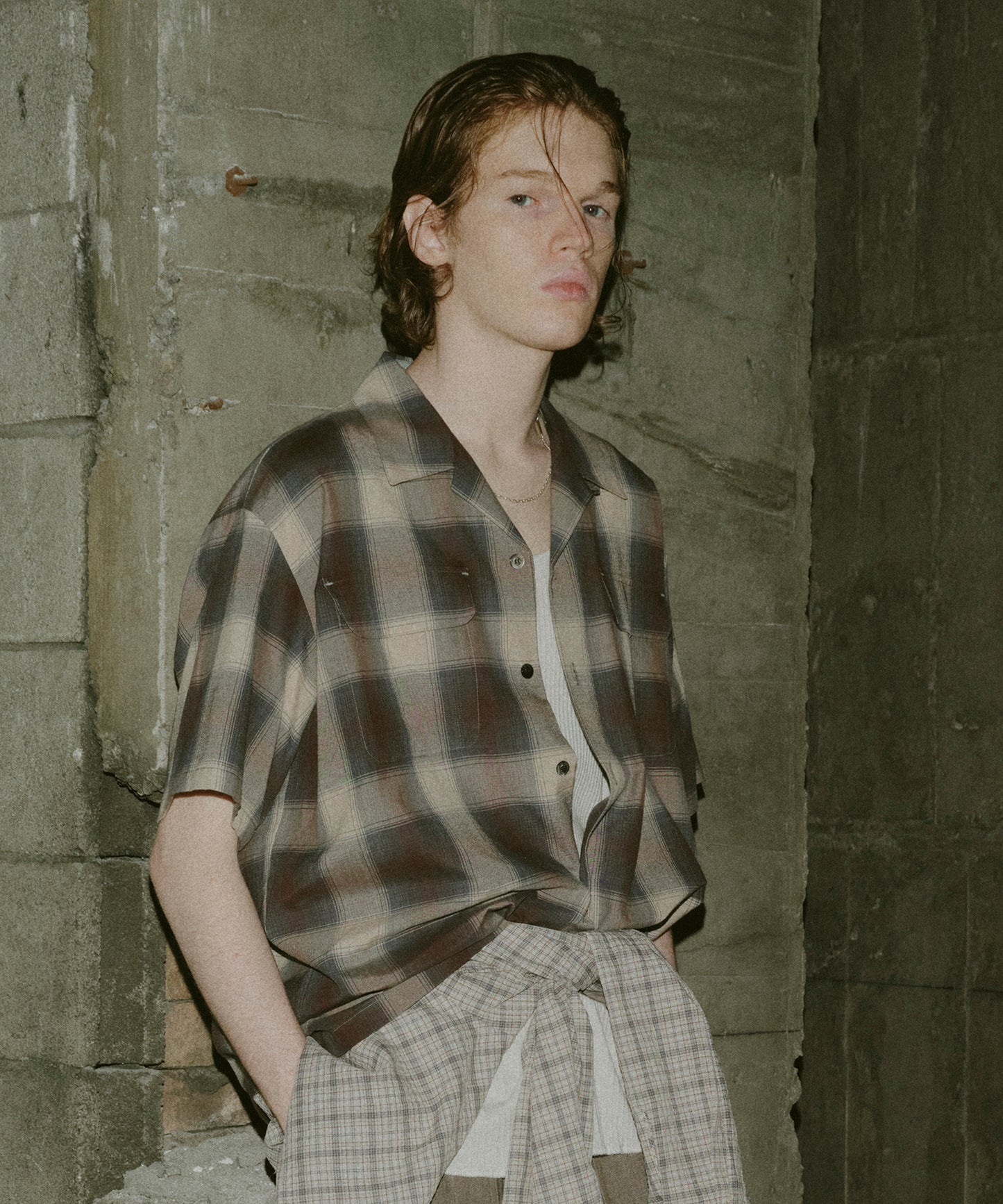CHECK OPEN COLLAR SHIRT S/S