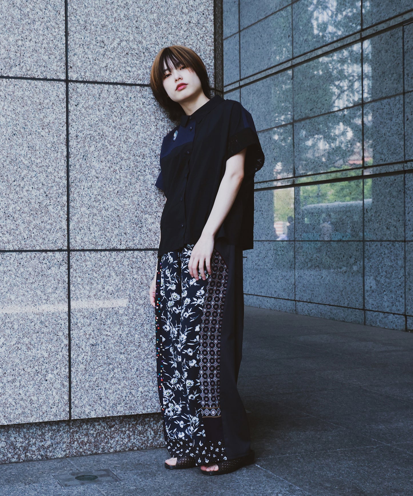 ANLIO × YEAH RIGHT!! Patchwork Wide Easy Pants(Charcoal)