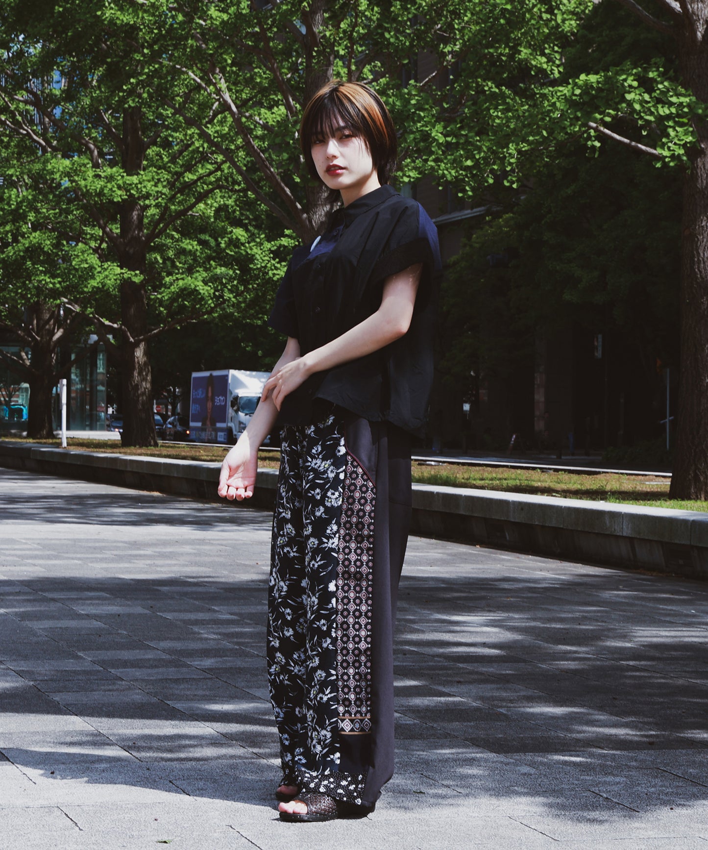 ANLIO × YEAH RIGHT!! Patchwork Wide Easy Pants(Charcoal)