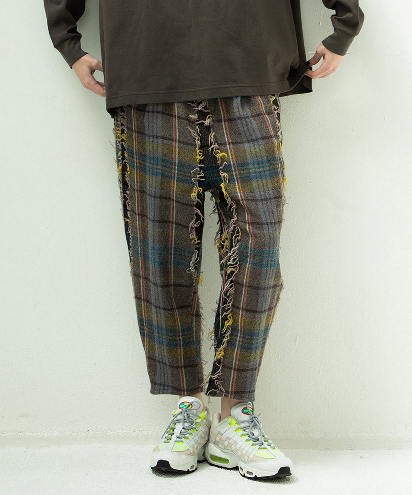 FRINGE WOOL CHECK WIDE SLACKS