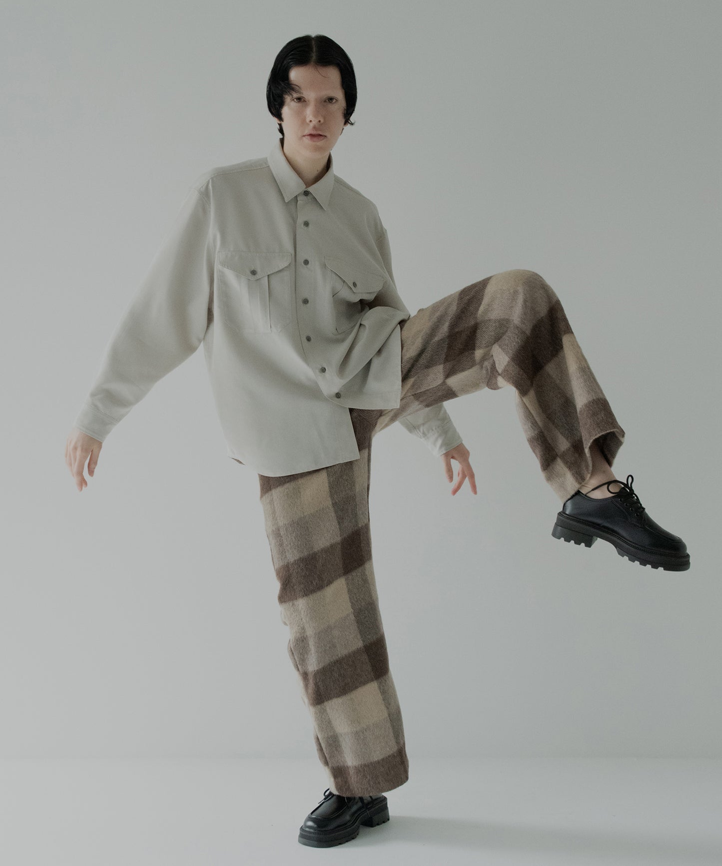 block plaid wide full-length slacks