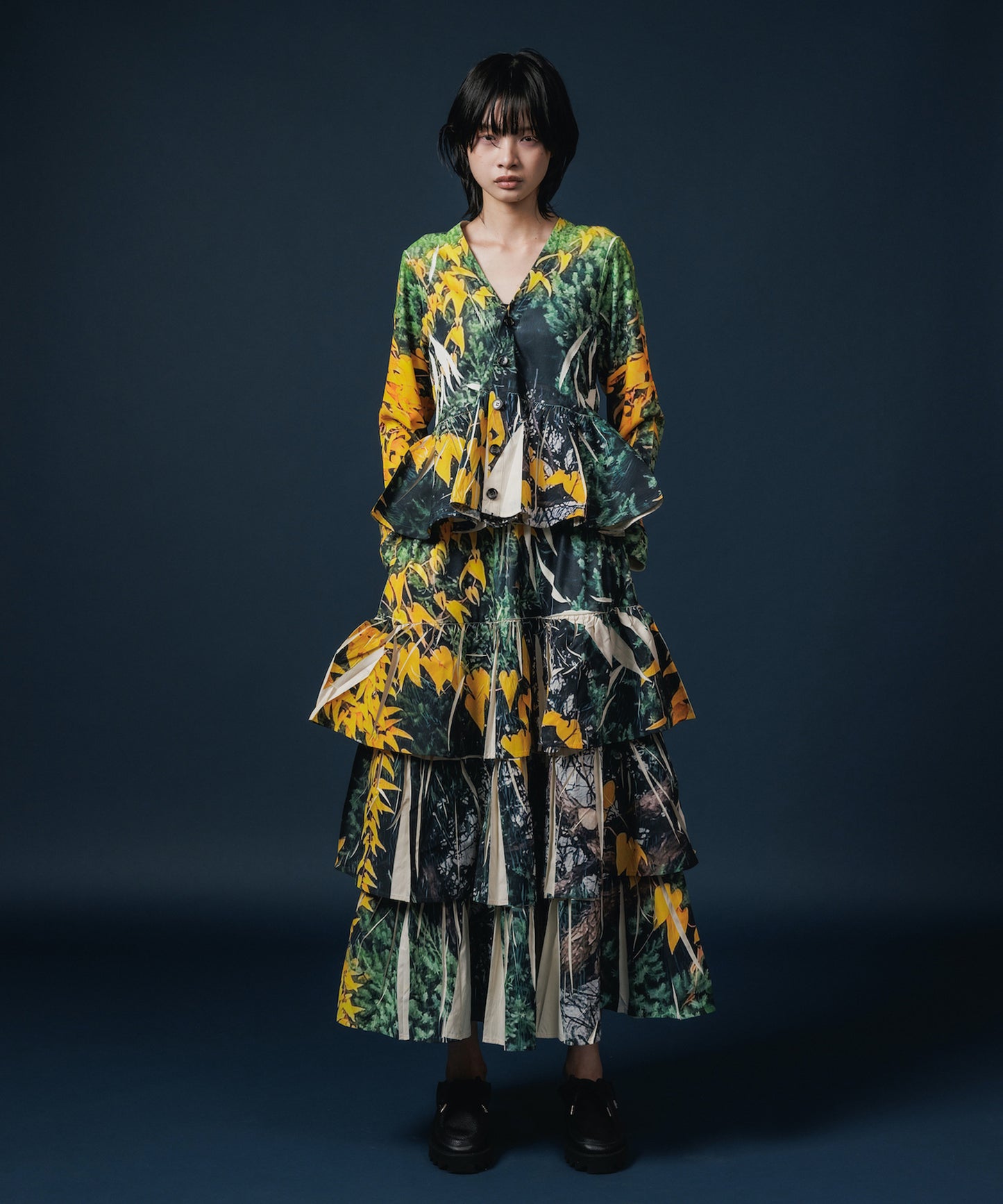 DIRECT PRINT RIB GATHER CARDIGAN