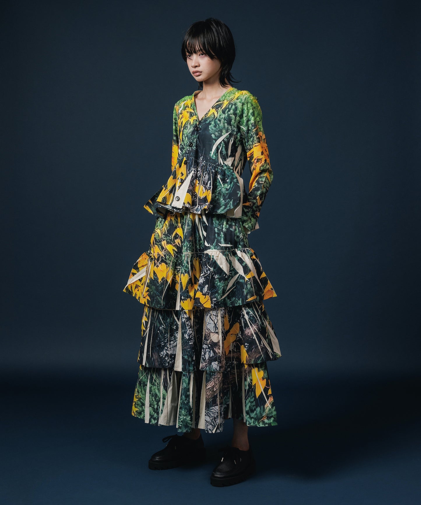 DIRECT PRINT RIB GATHER LONG SKIRT