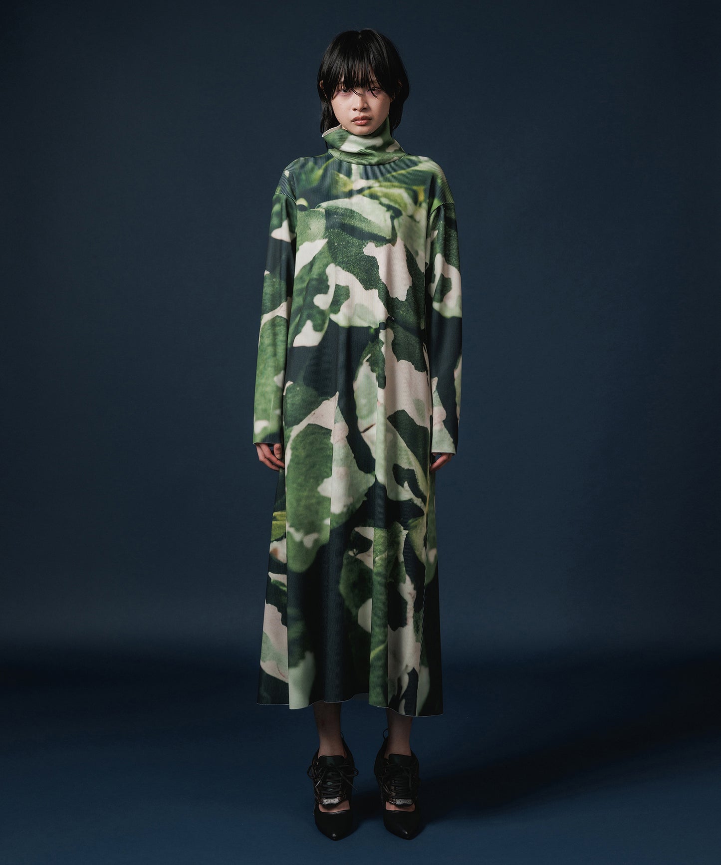 PRINT RIB HI-NECK ONE-PIECE