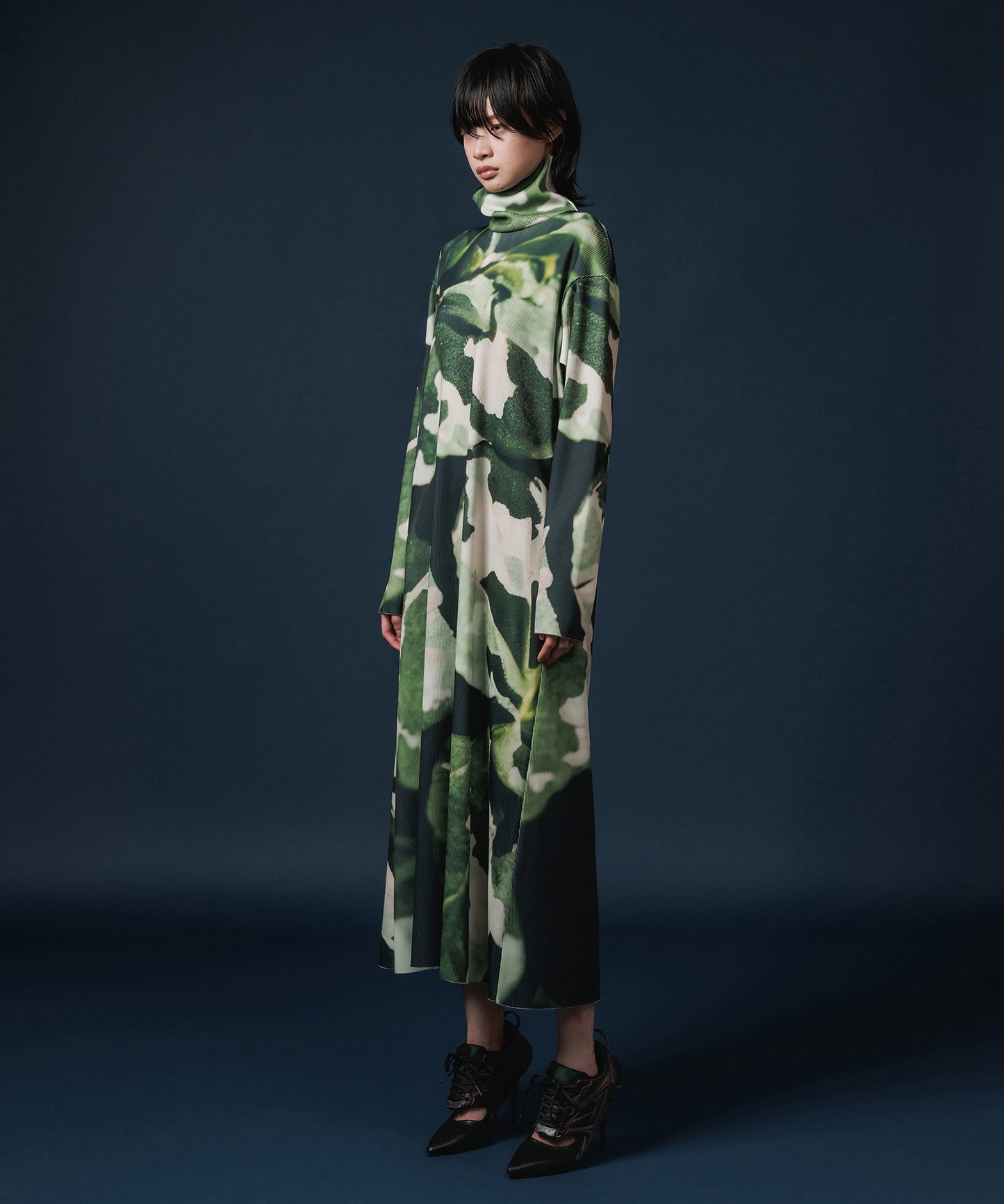 PRINT RIB HI-NECK ONE-PIECE