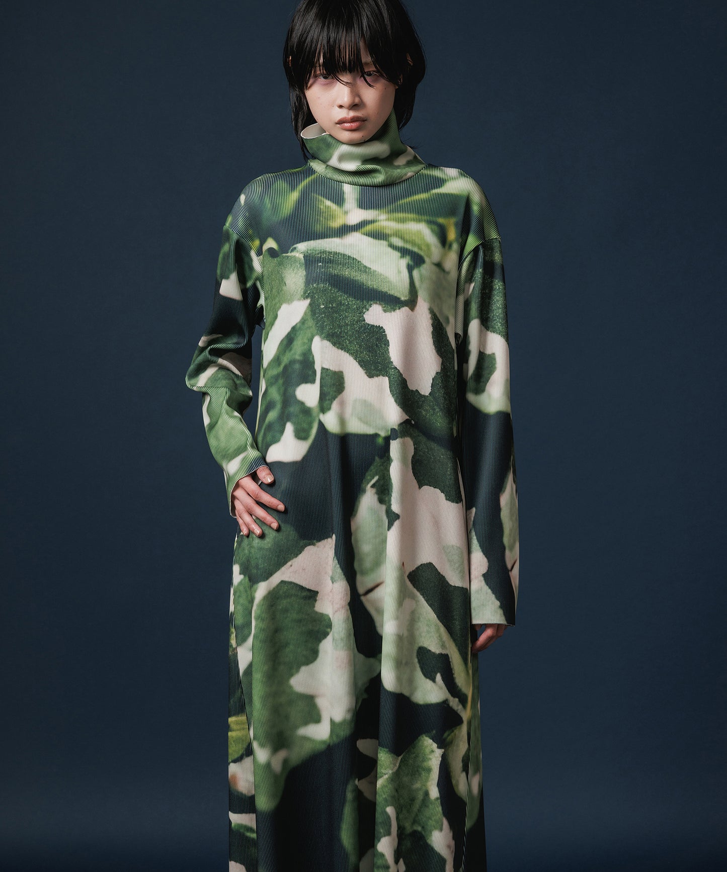 PRINT RIB HI-NECK ONE-PIECE