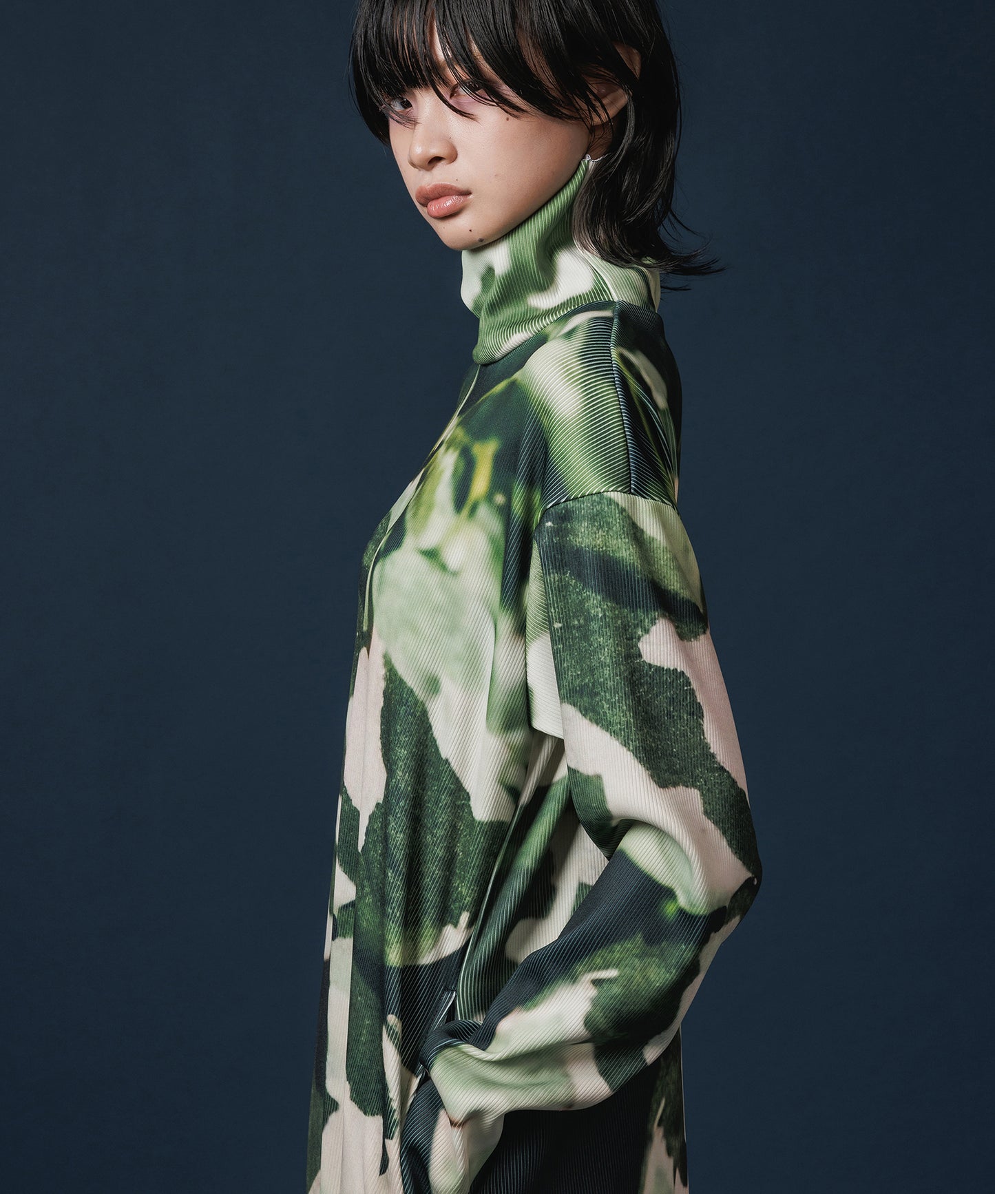 PRINT RIB HI-NECK ONE-PIECE