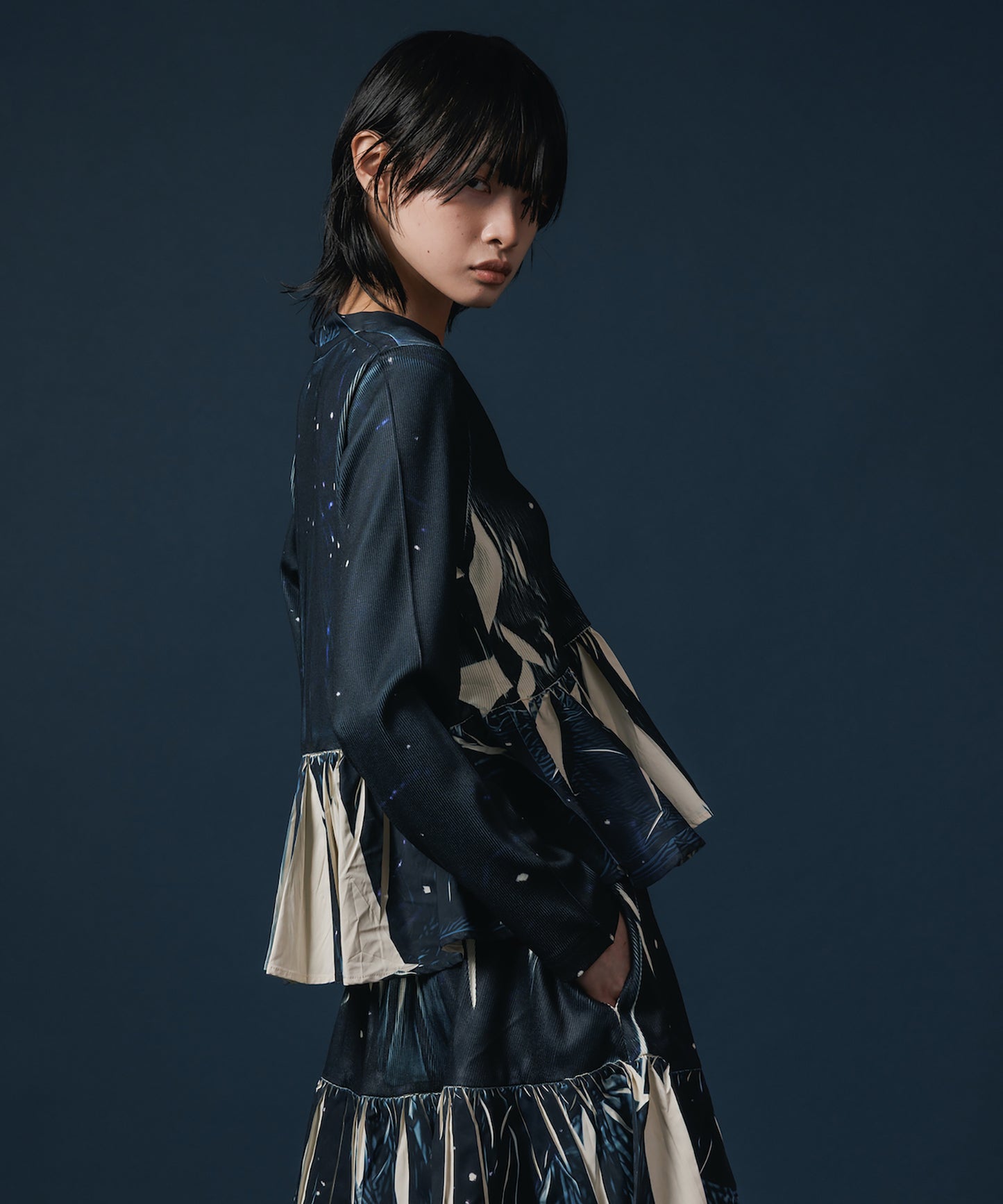 DIRECT PRINT RIB GATHER CARDIGAN