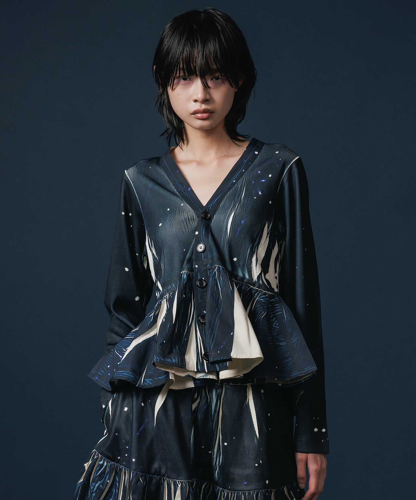 DIRECT PRINT RIB GATHER CARDIGAN