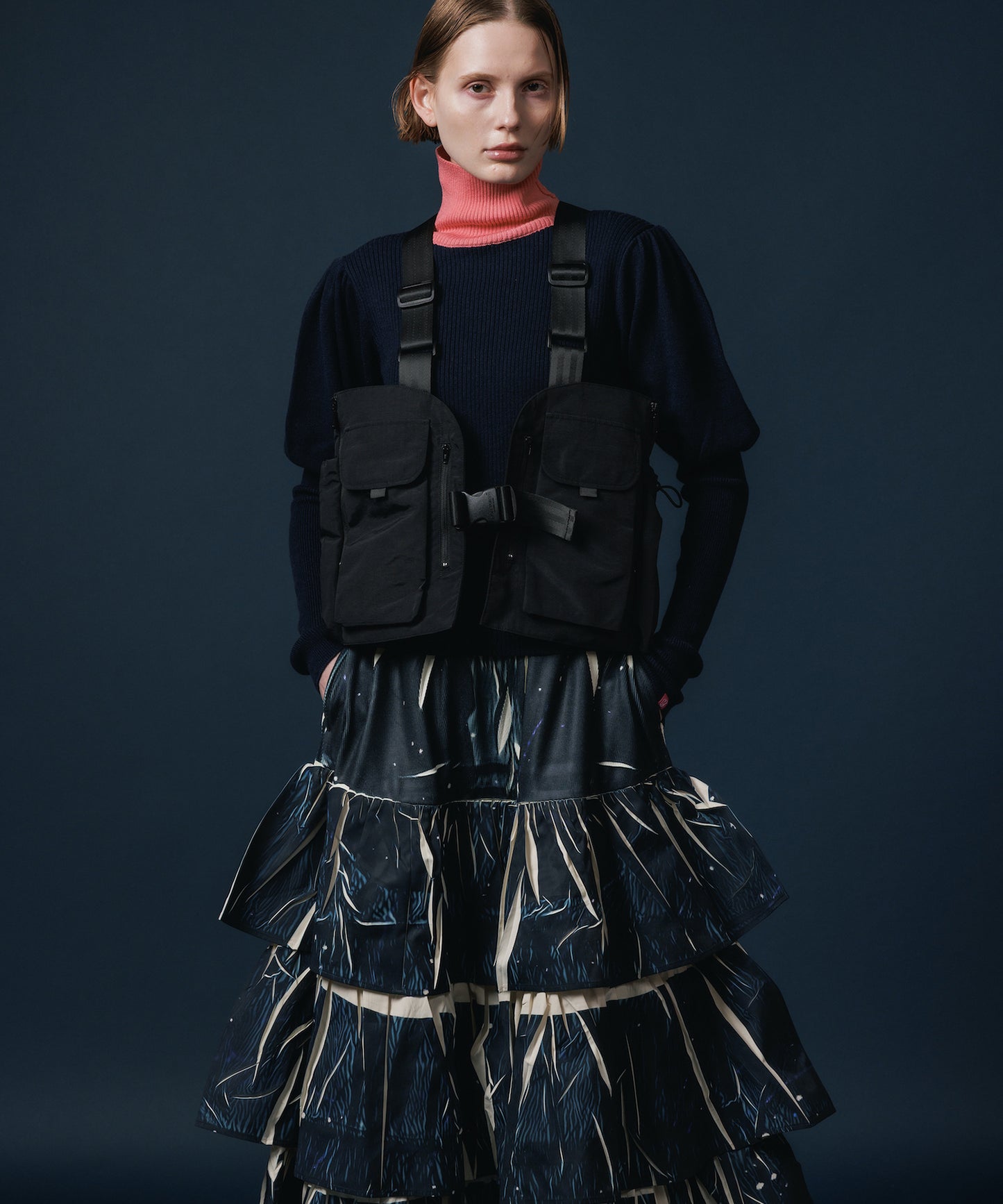 DIRECT PRINT RIB GATHER LONG SKIRT