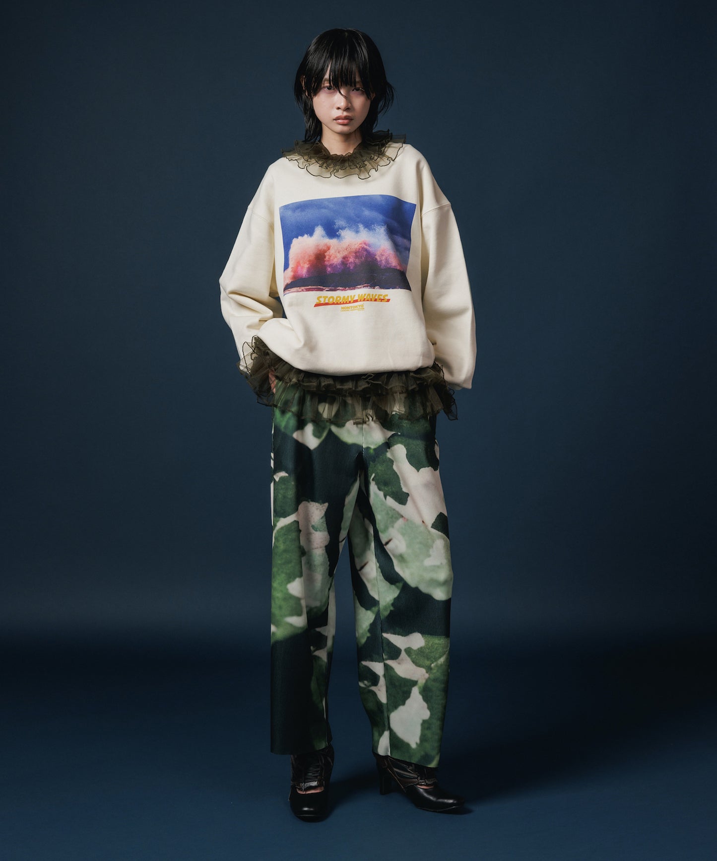 PRINT RIB WIDE PANTS