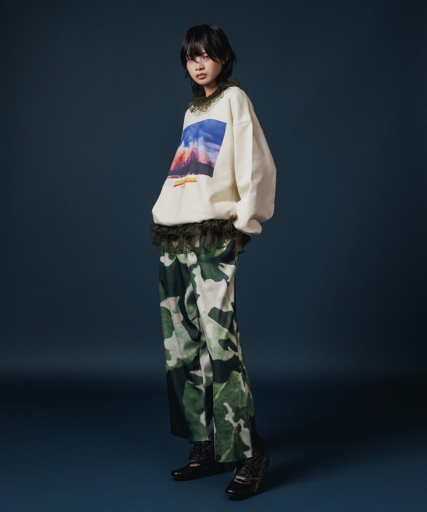 PRINT RIB WIDE PANTS