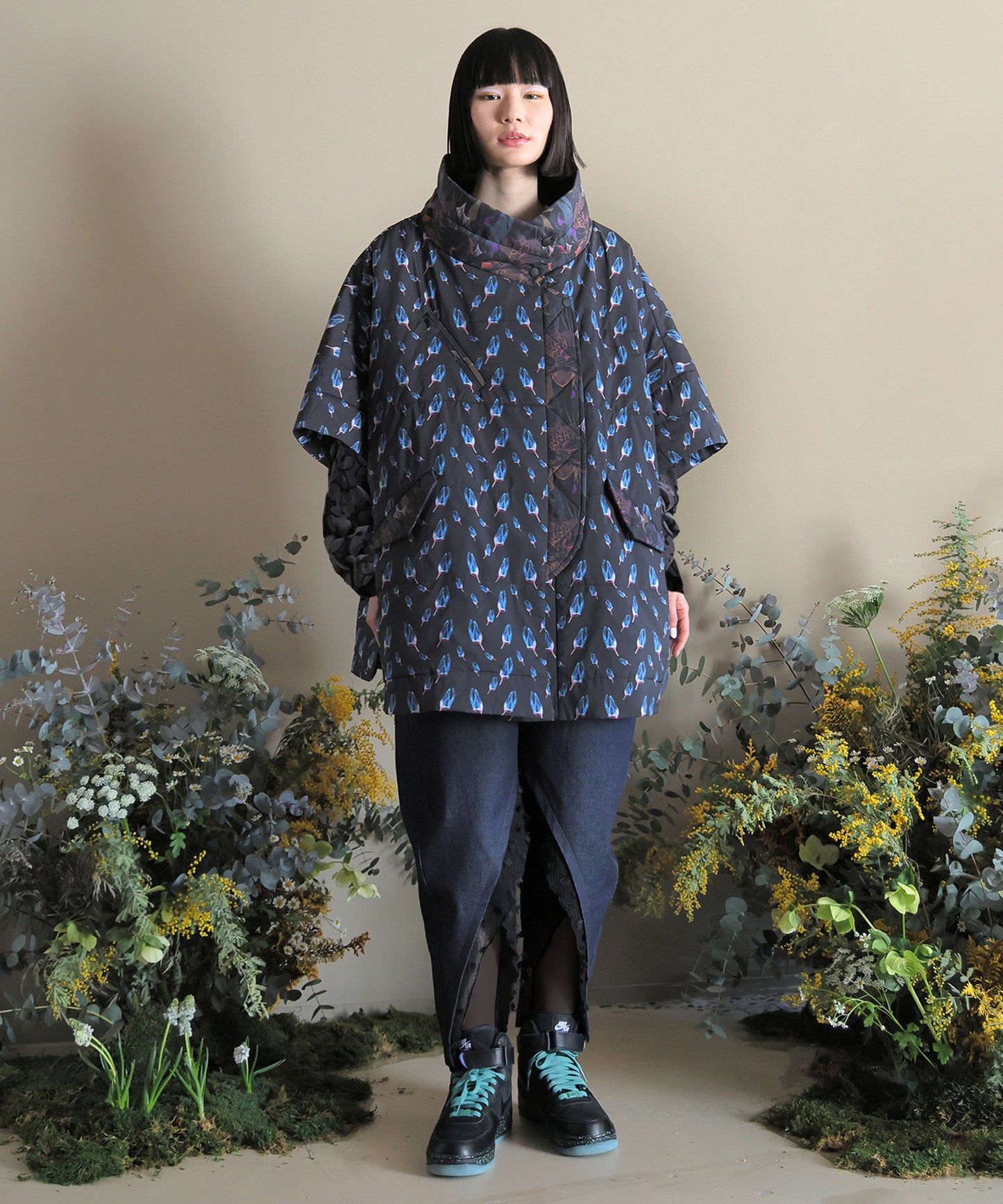 Flower Down Poncho Jacket