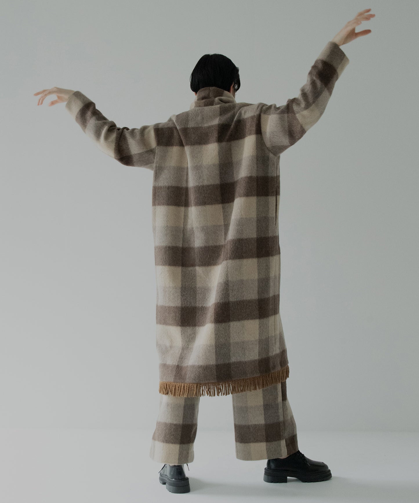 block plaid fringe coat