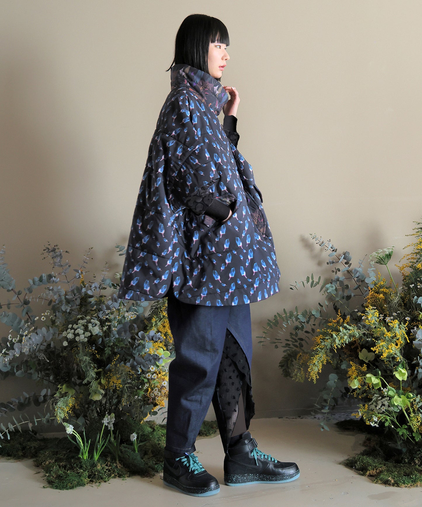 Flower Down Poncho Jacket