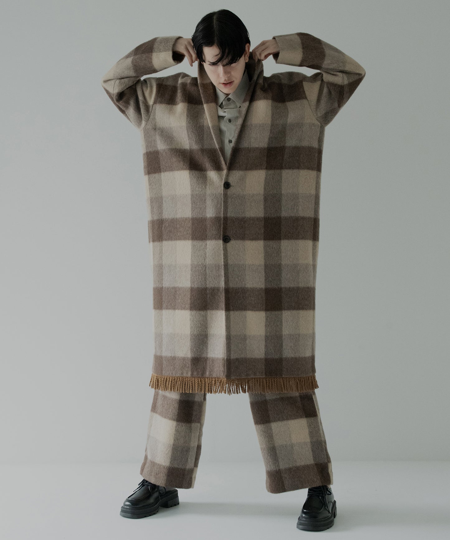 block plaid wide full-length slacks
