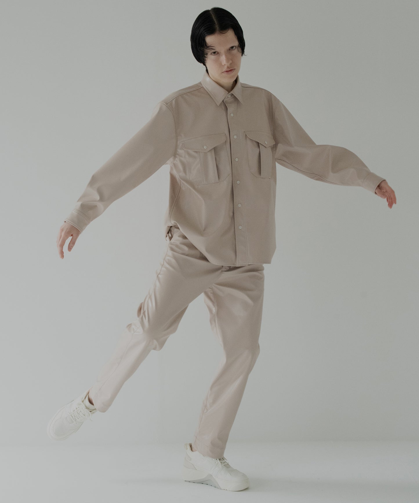 vegan leather long-sleeve shirt