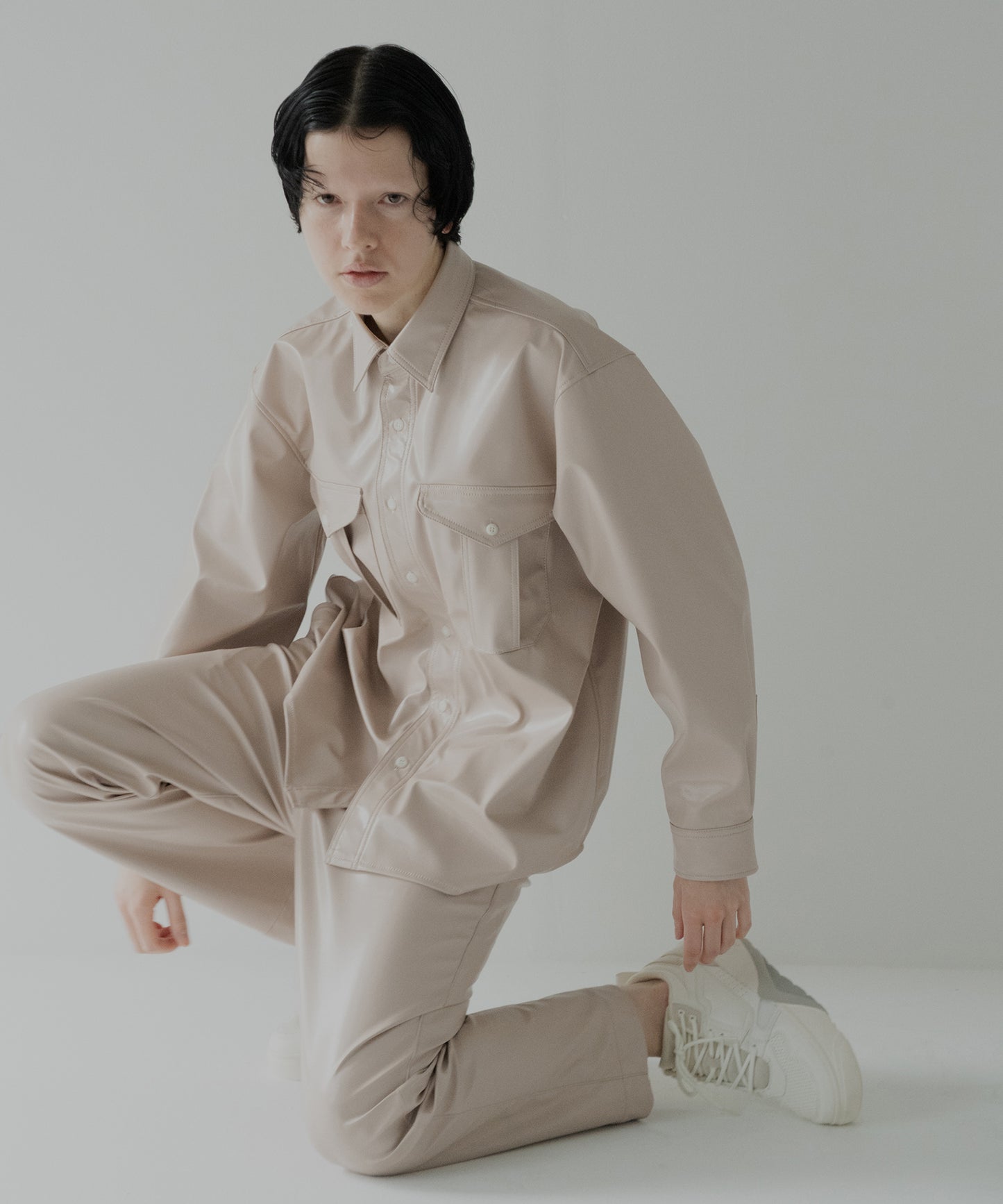 vegan leather long-sleeve shirt