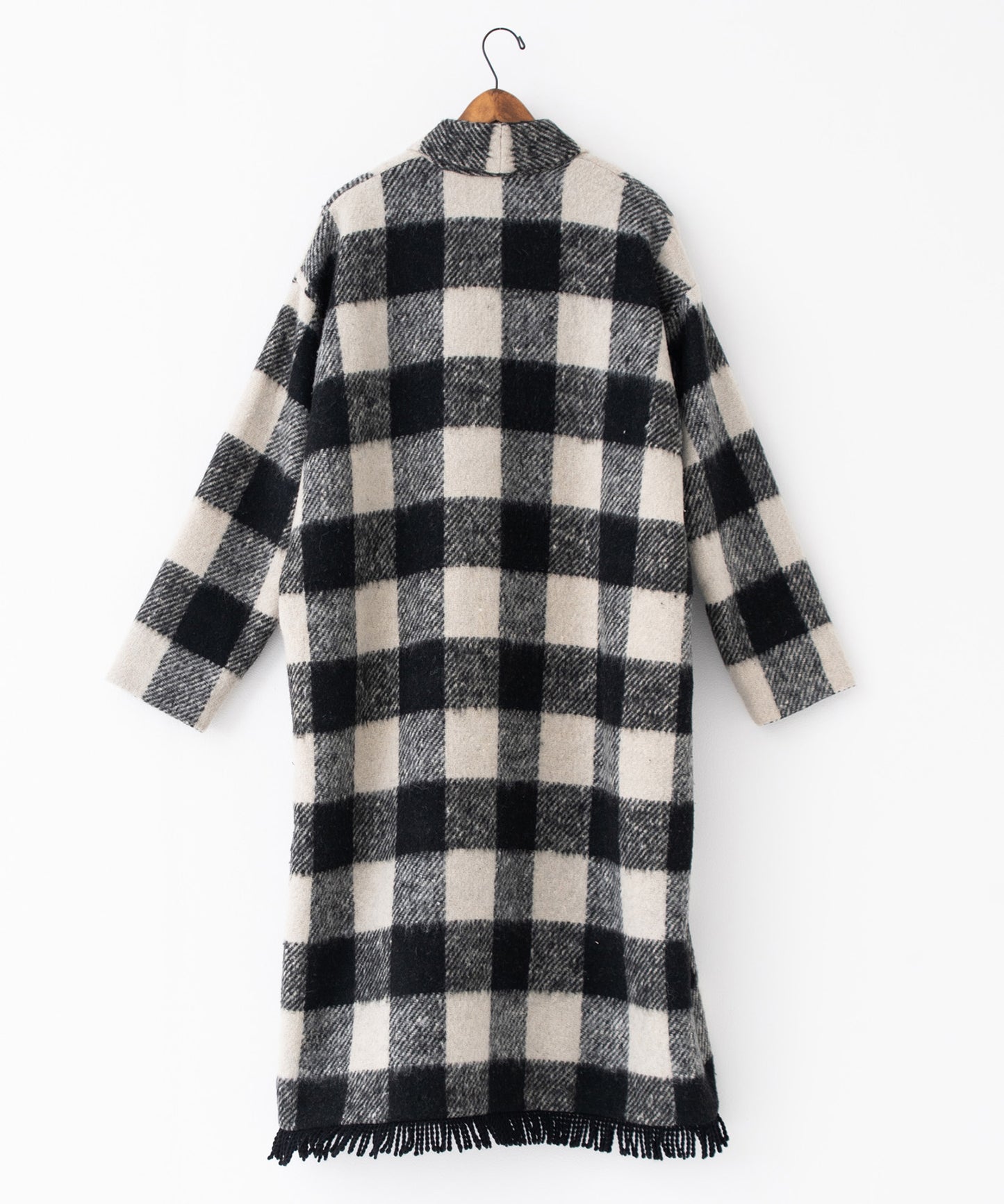 block plaid fringe coat