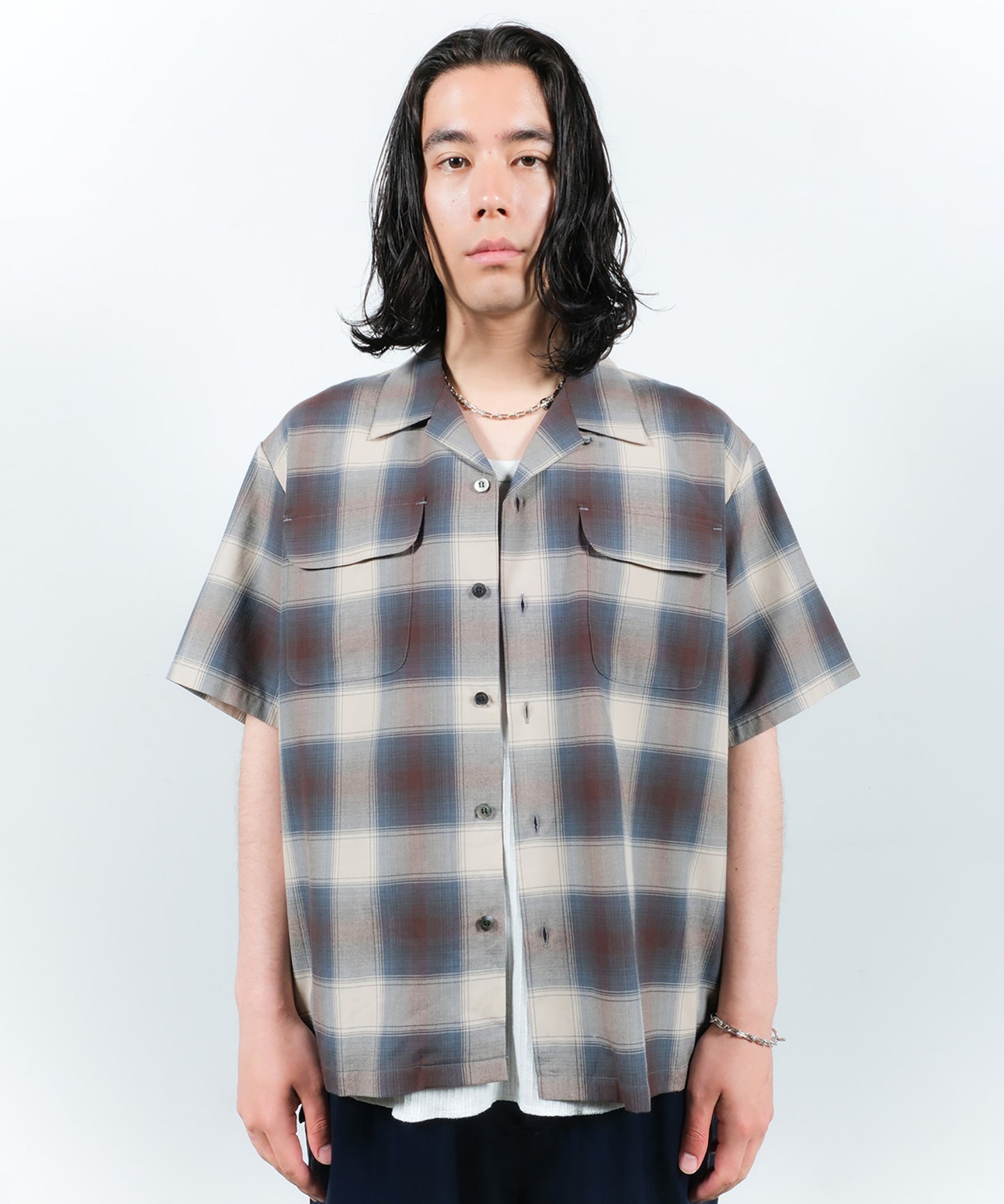 CHECK OPEN COLLAR SHIRT S/S