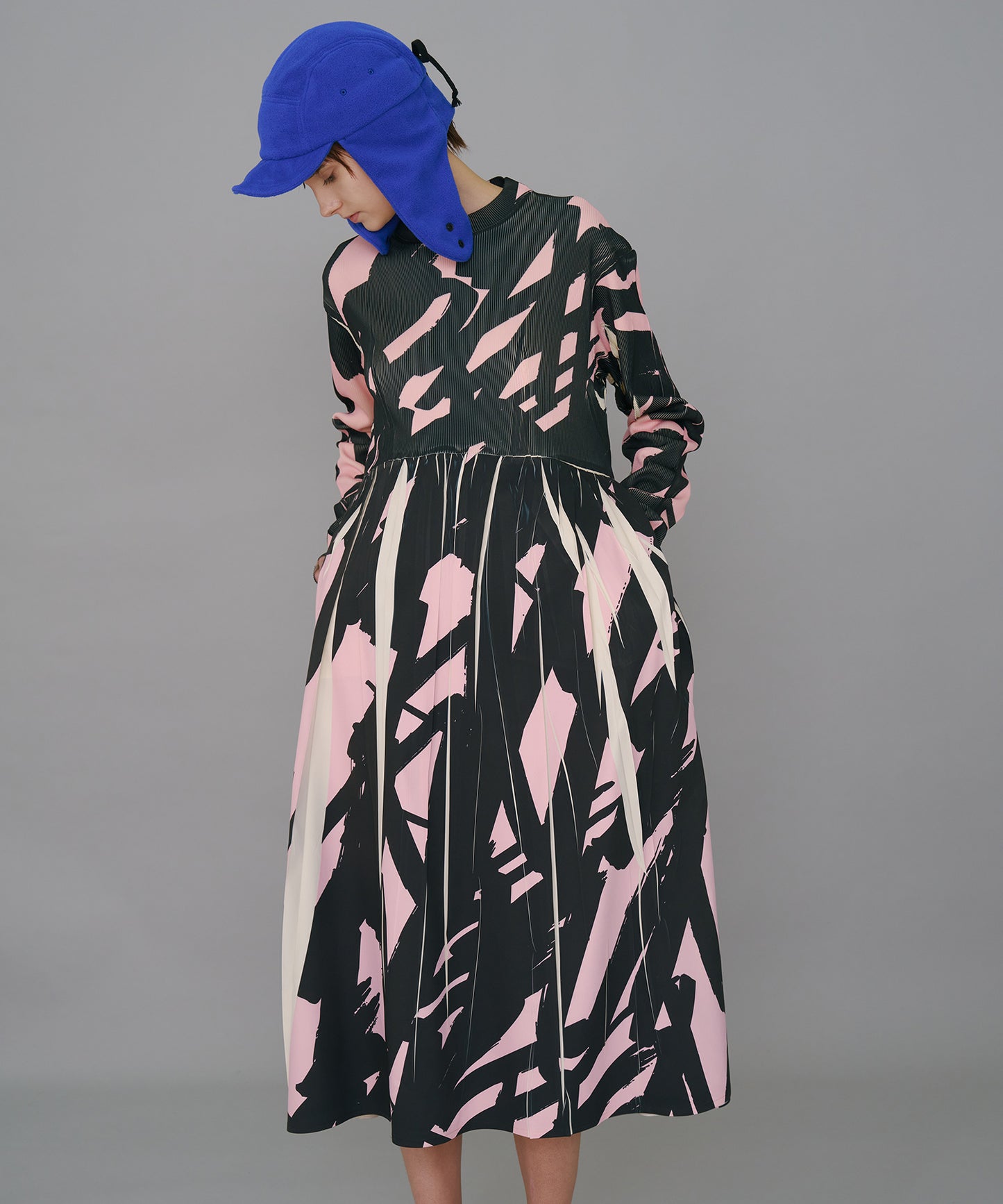 DIRECT PRINT RIB GATHER ONE-PIECE