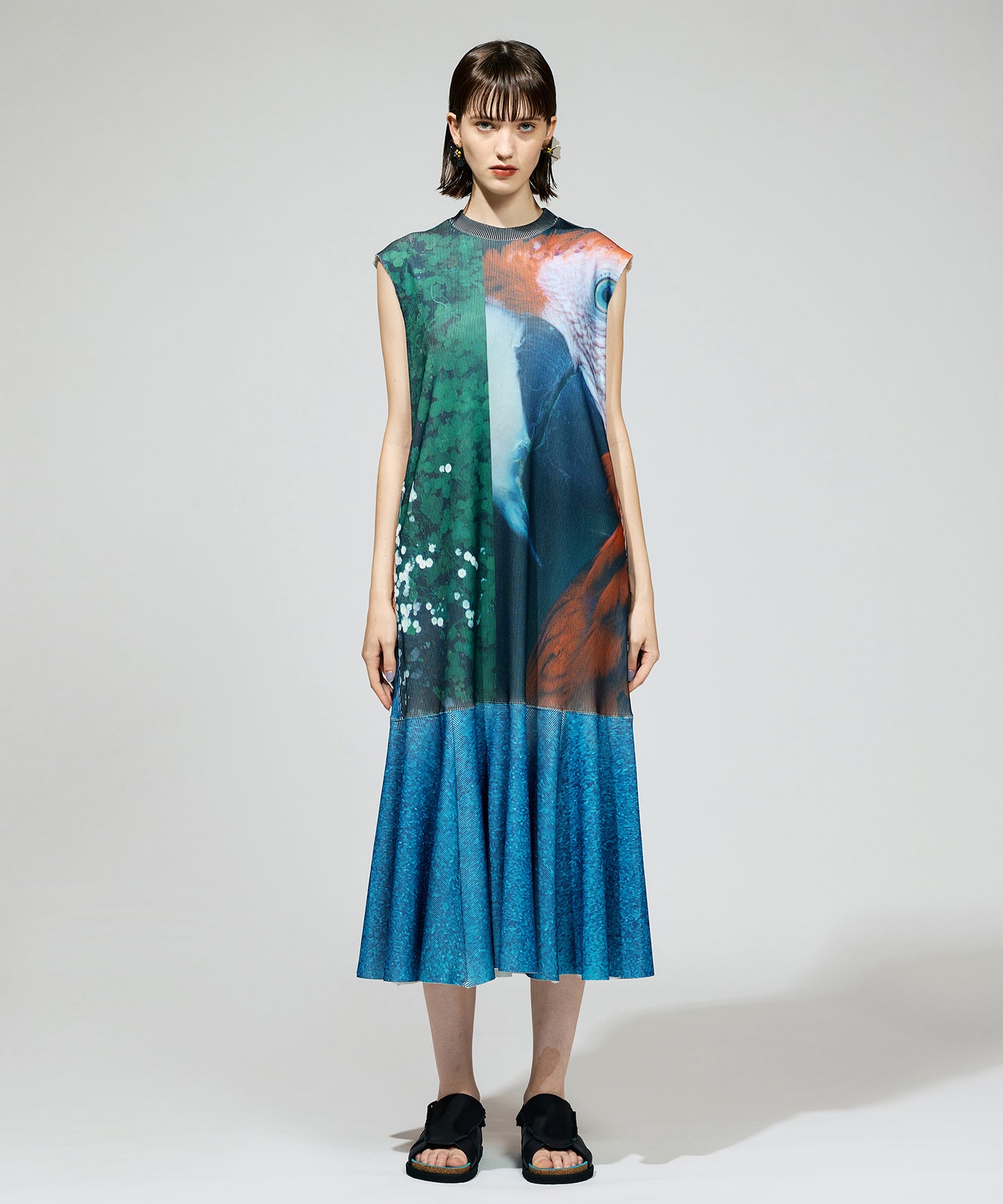 PRINT RIB NO-SLEEVE ONE-PIECE
