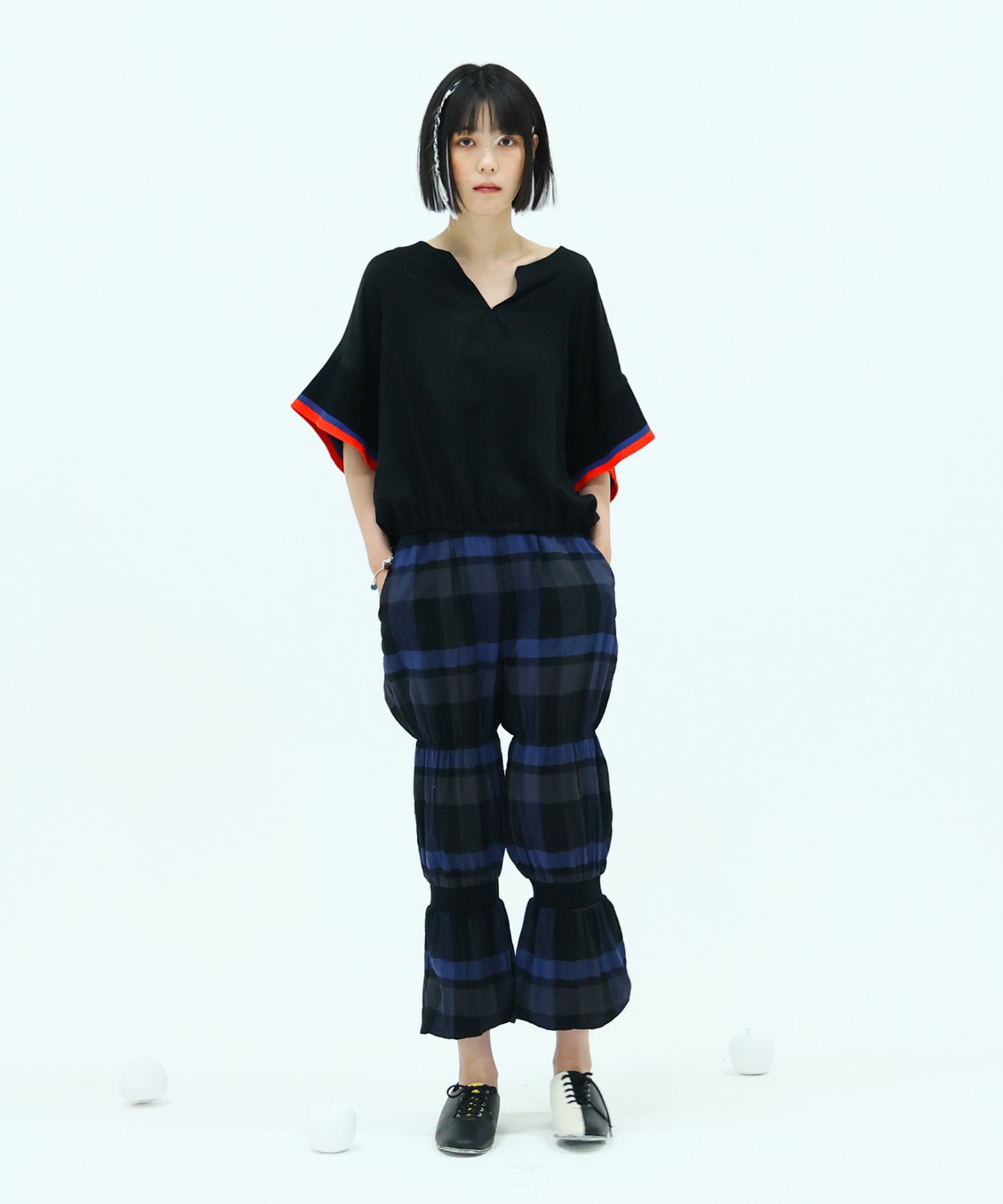 Rib sleeve short blouse