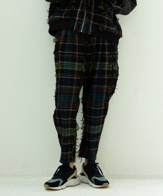 FRINGE WOOL CHECK WIDE SLACKS
