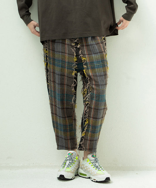 FRINGE WOOL CHECK WIDE SLACKS