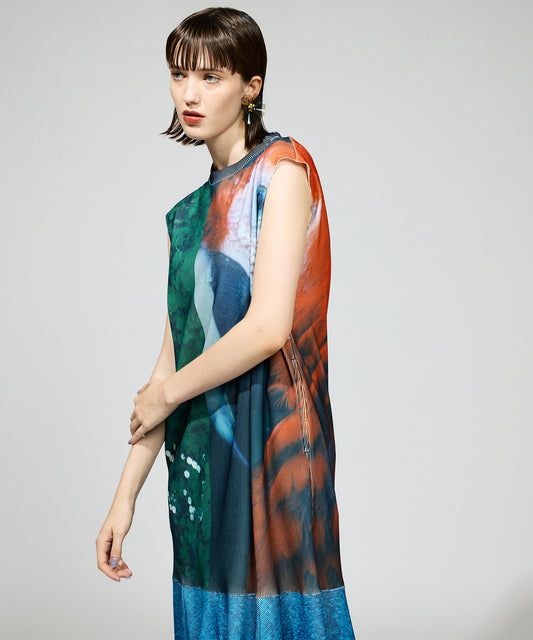 PRINT RIB NO-SLEEVE ONE-PIECE