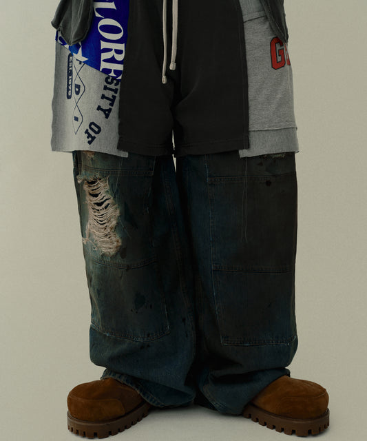 DOUBLE KNEE DENIM PANTS