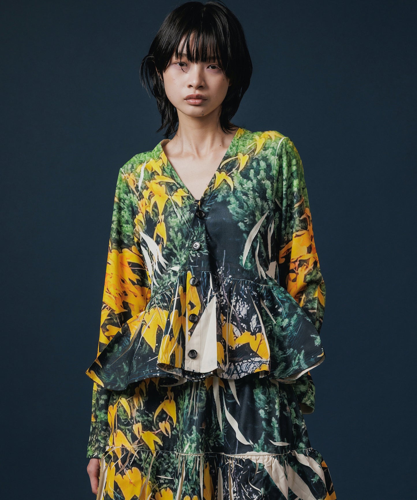 DIRECT PRINT RIB GATHER CARDIGAN