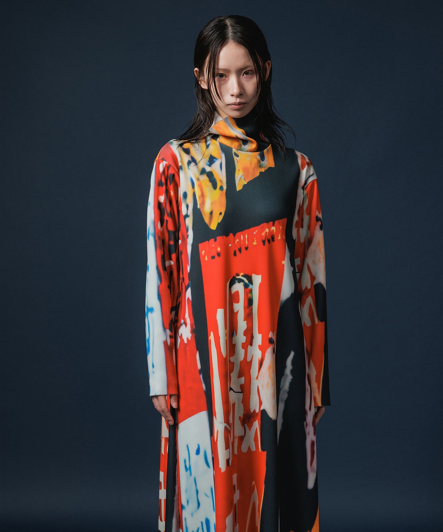 PRINT RIB HI-NECK ONE-PIECE