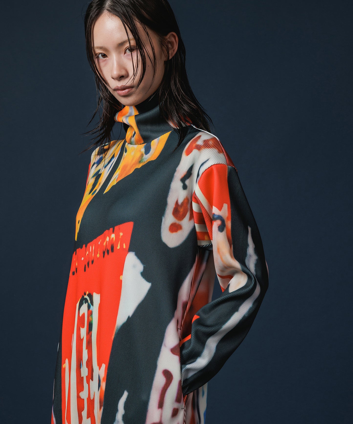 PRINT RIB HI-NECK ONE-PIECE