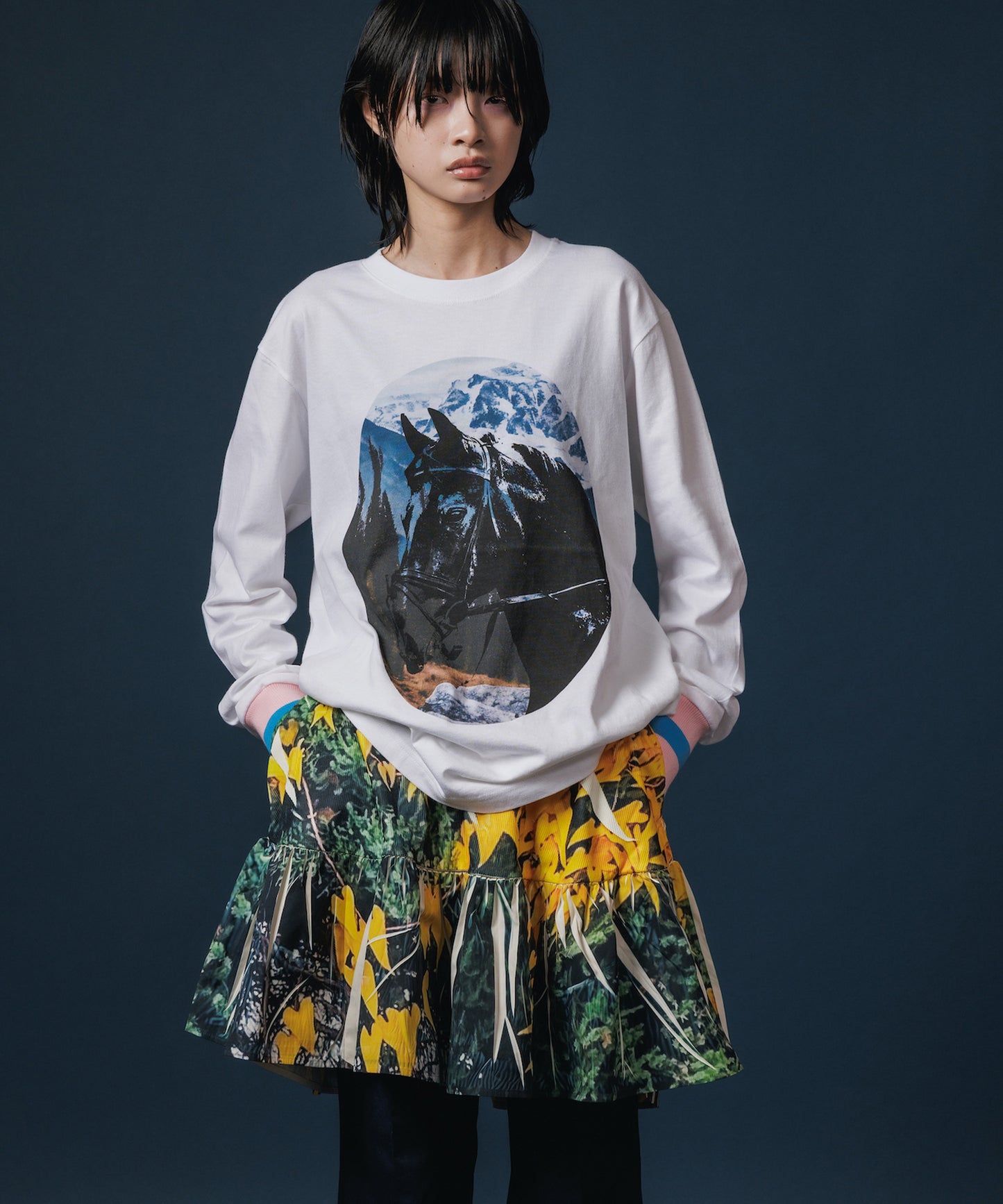 DIRECT PRINT RIB GATHER MINI SKIRT