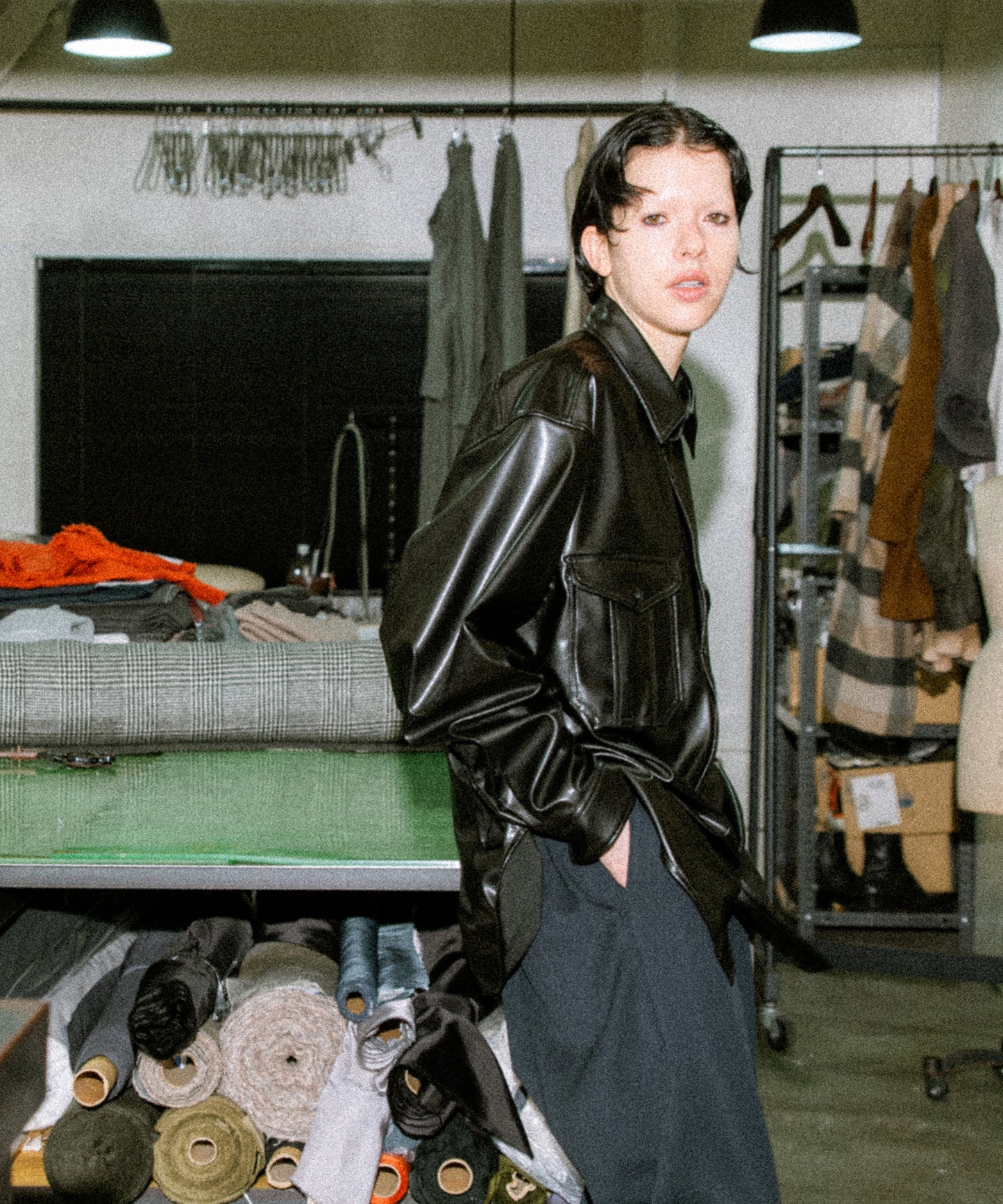 vegan leather long-sleeve shirt