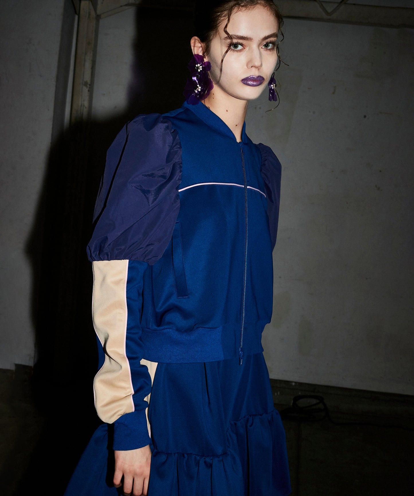 PUFF SLEEVE ZIP-UP JERSEY