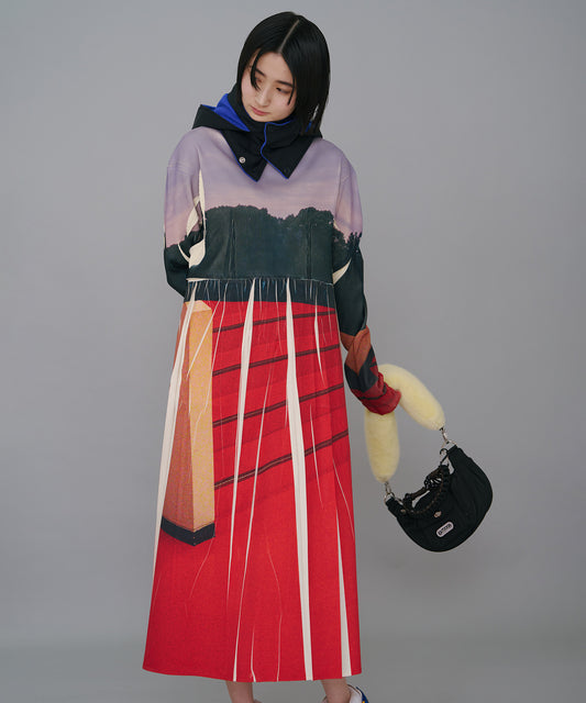 DIRECT PRINT RIB GATHER ONE-PIECE