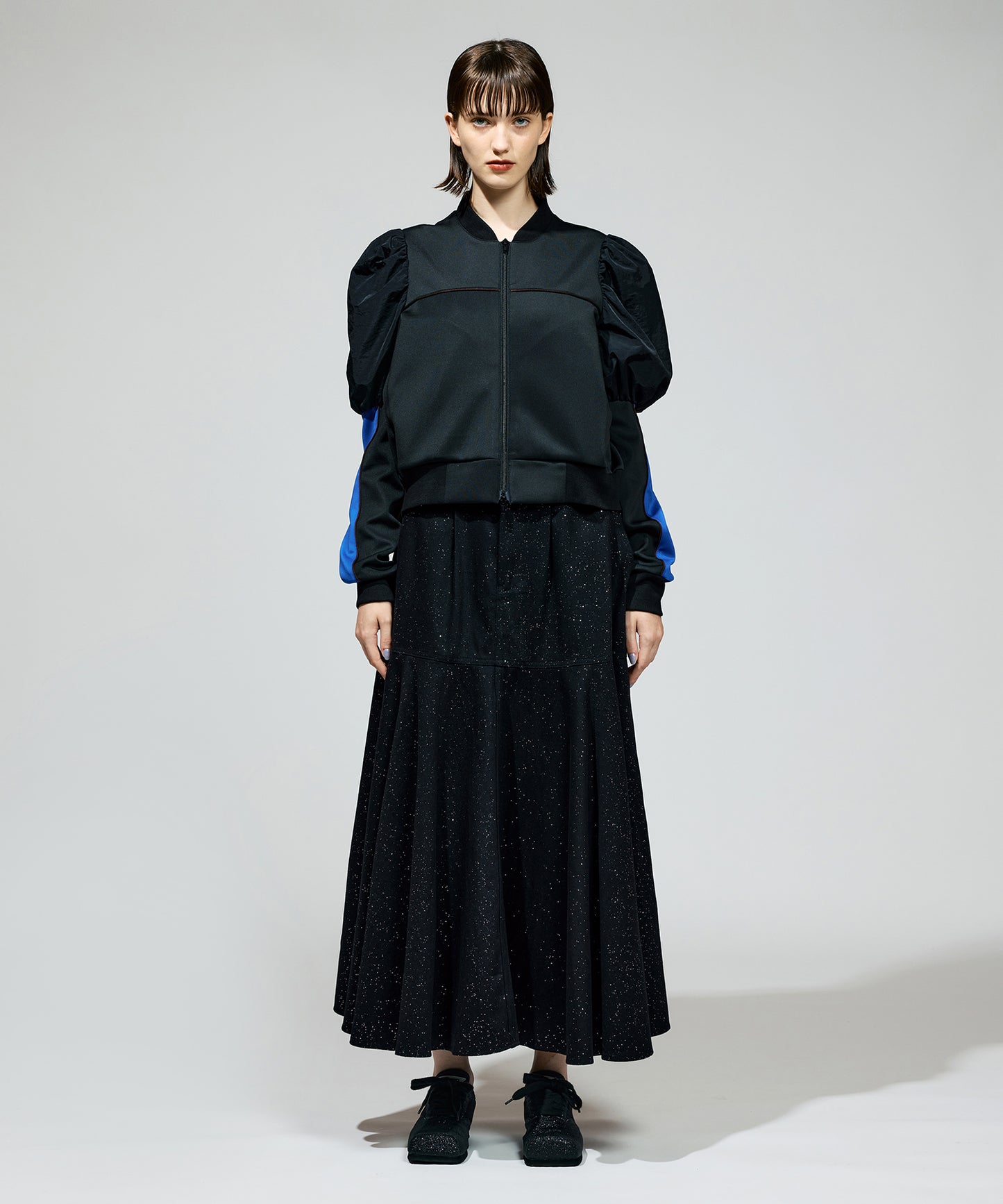 LAME DENIM FLARE SKIRT