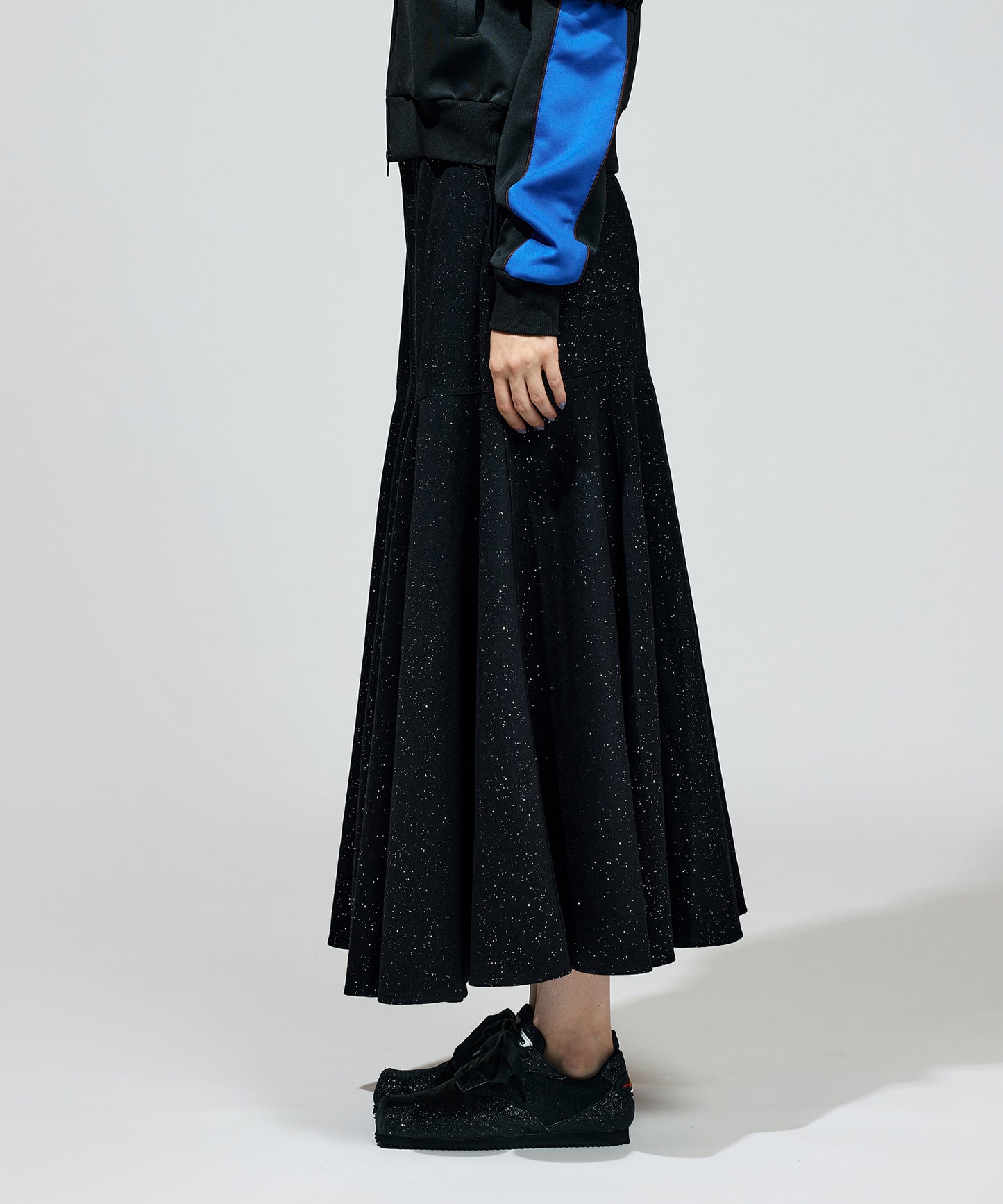 LAME DENIM FLARE SKIRT