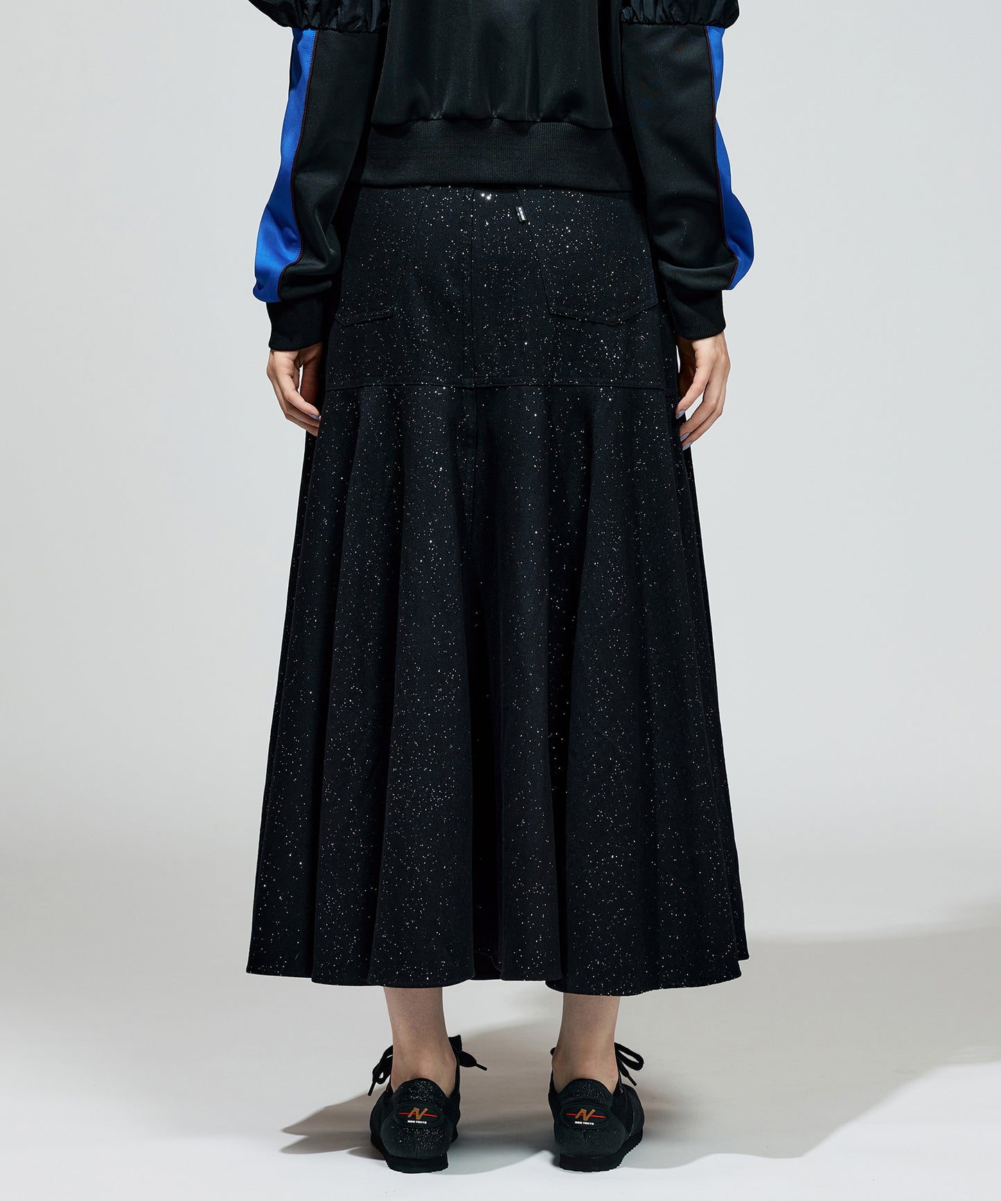 LAME DENIM FLARE SKIRT
