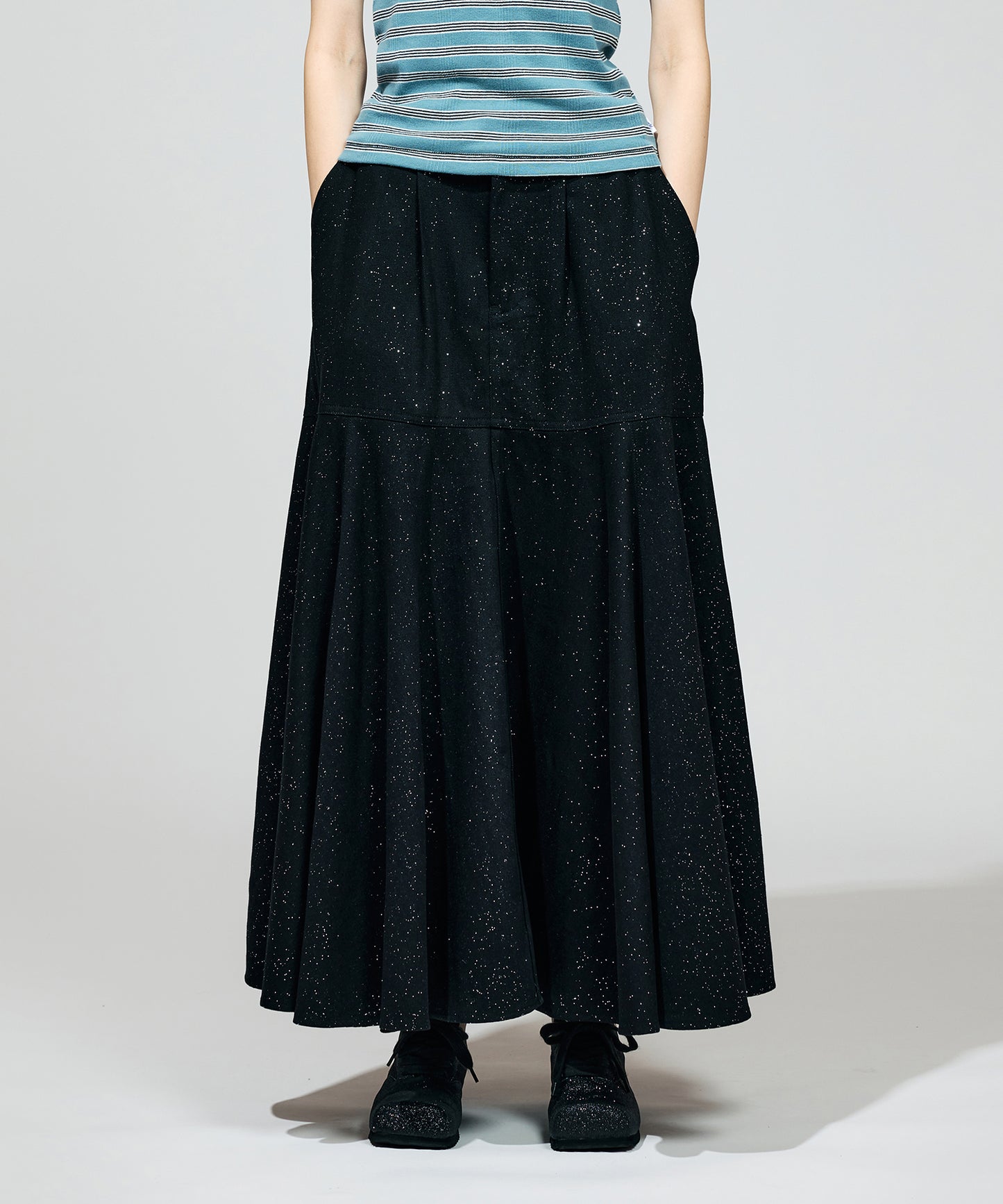 LAME DENIM FLARE SKIRT