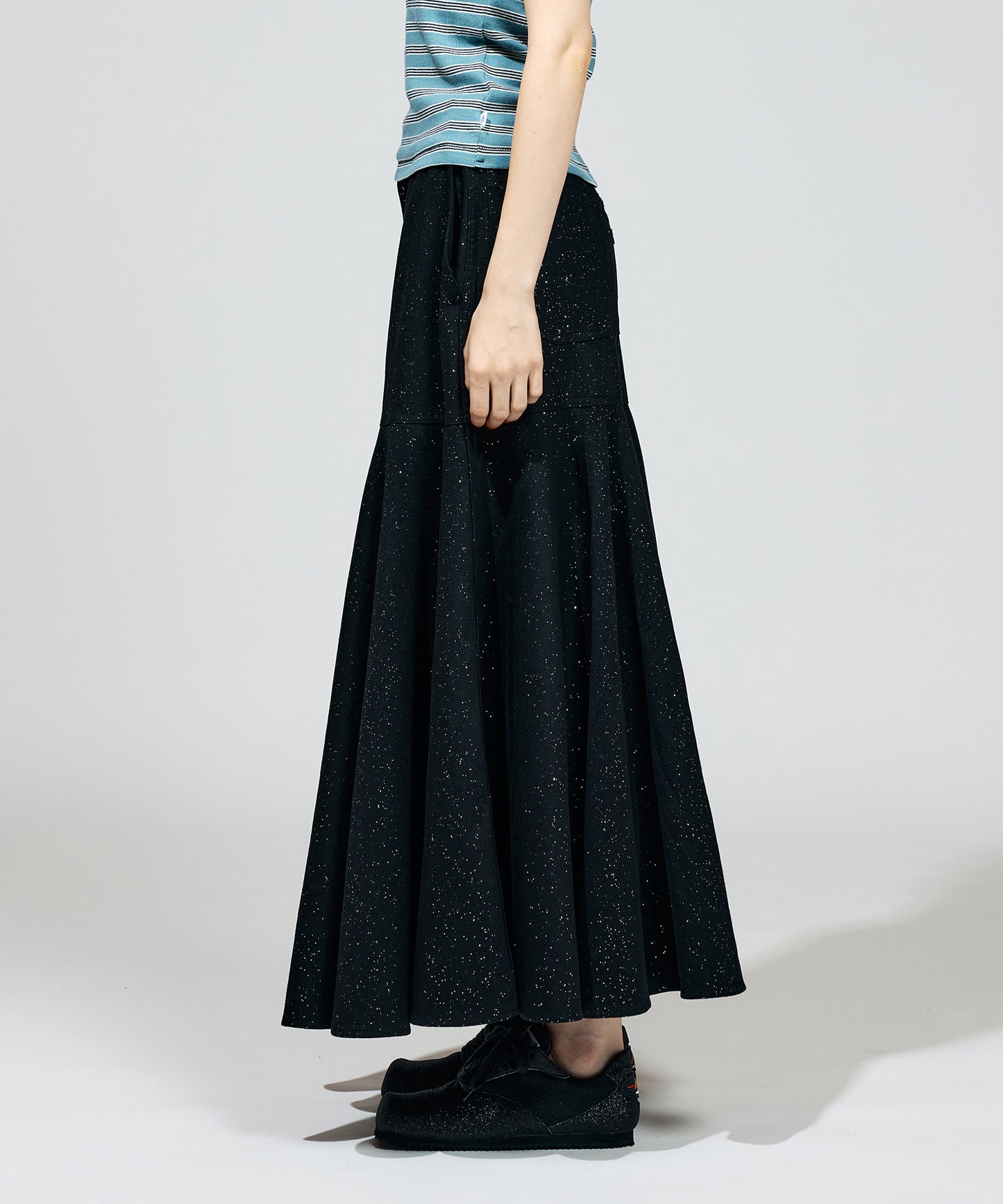 LAME DENIM FLARE SKIRT
