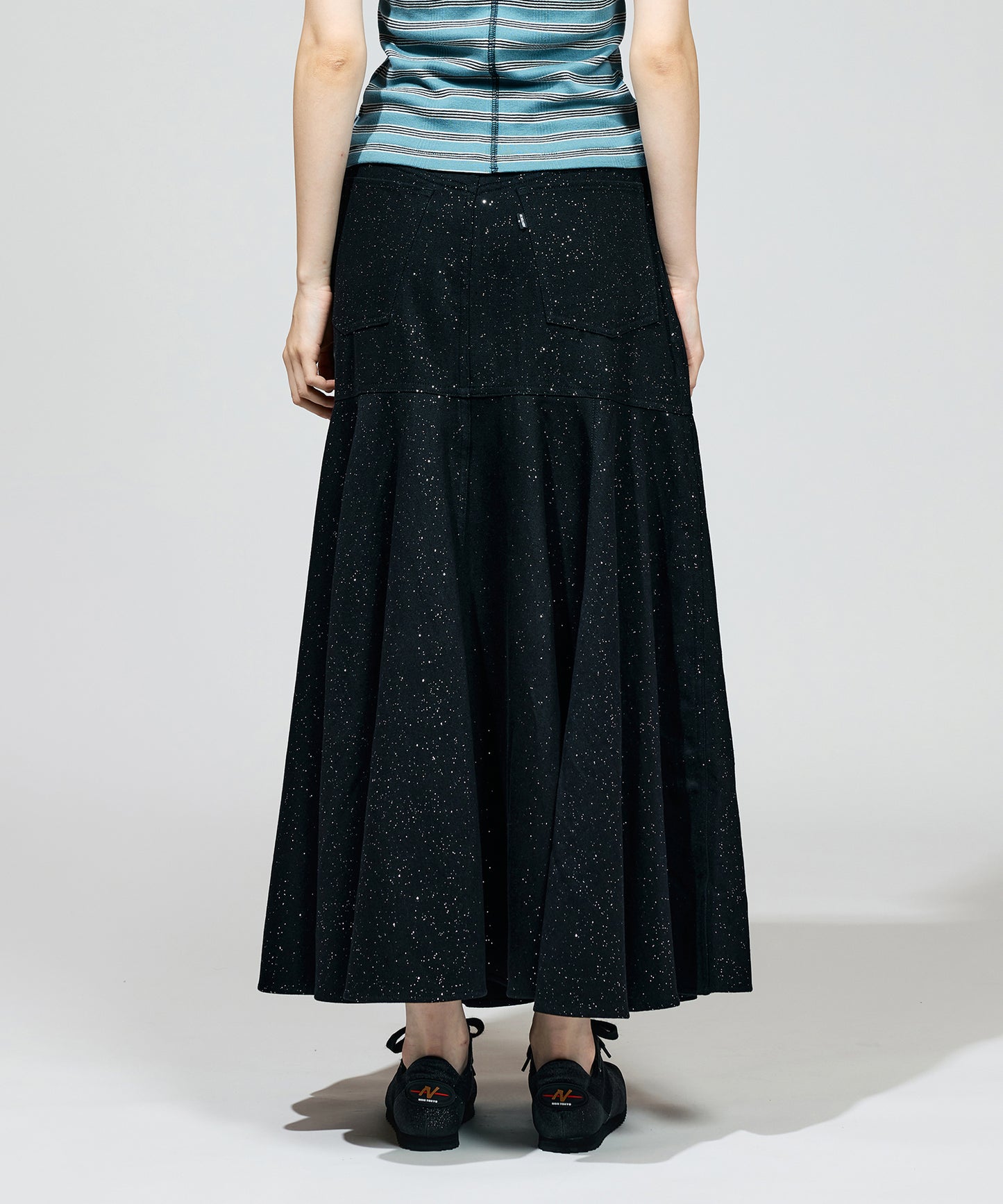 LAME DENIM FLARE SKIRT