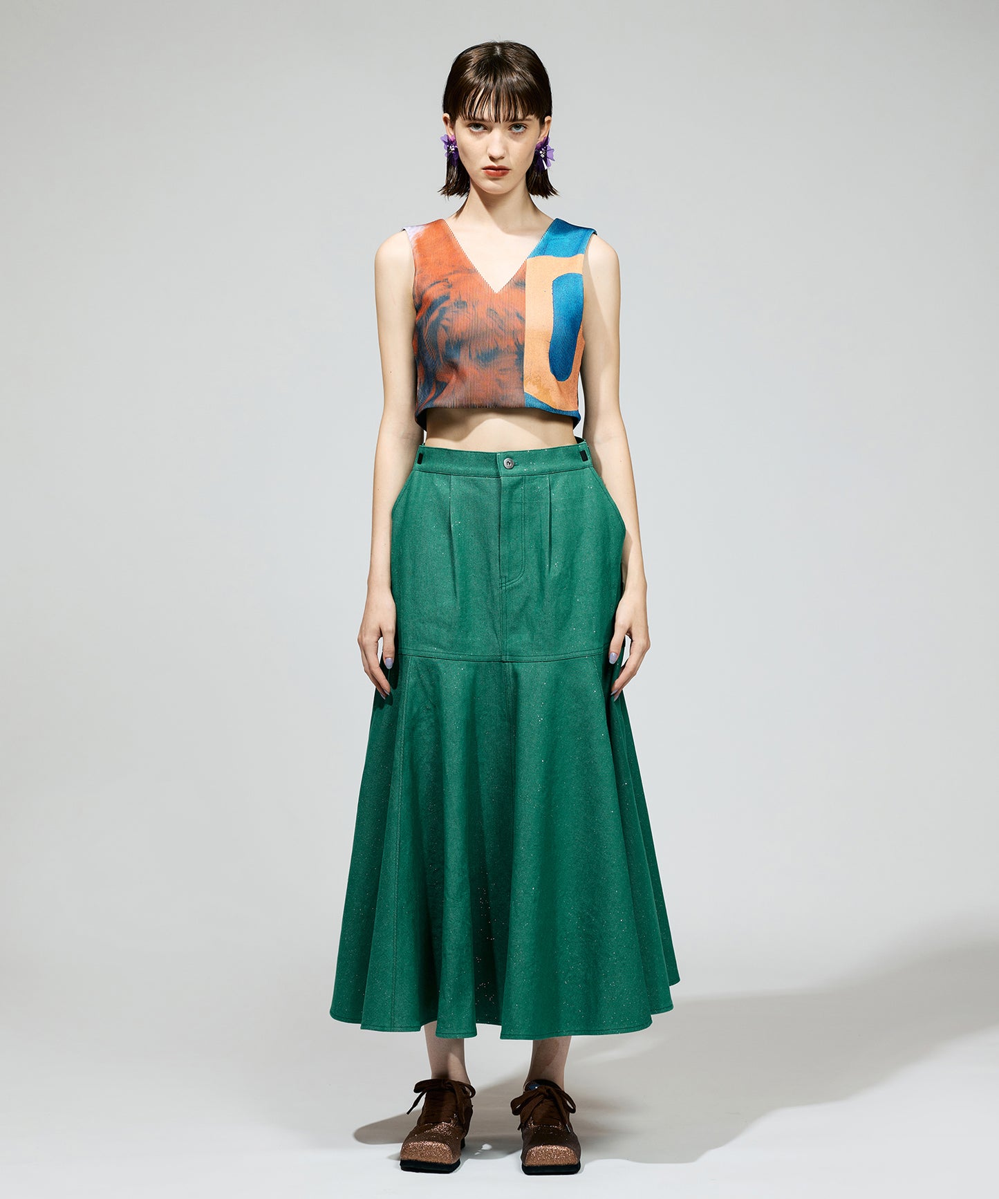 LAME DENIM FLARE SKIRT