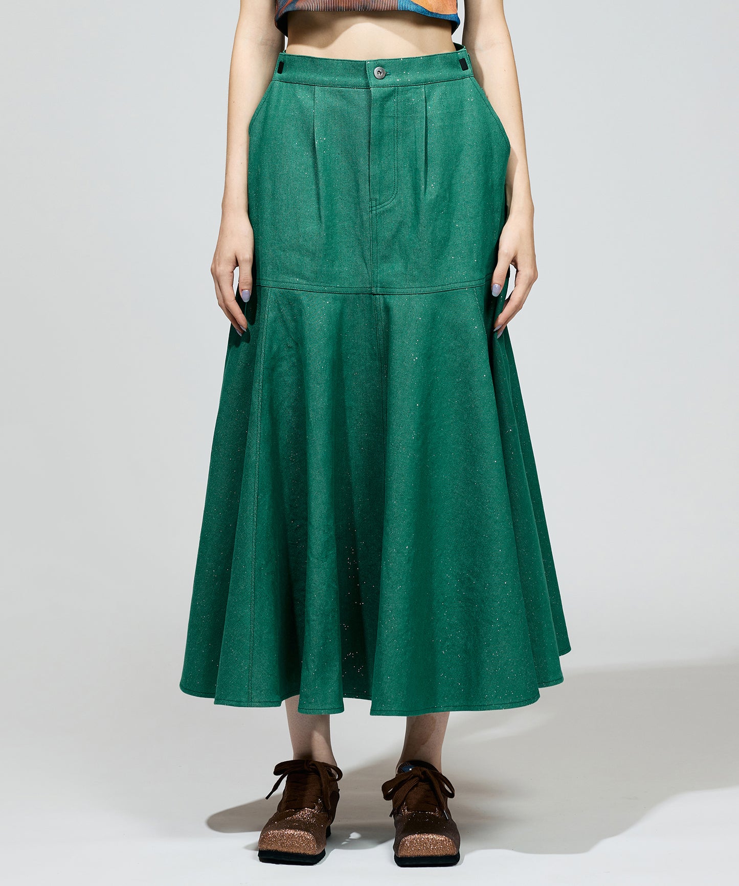 LAME DENIM FLARE SKIRT