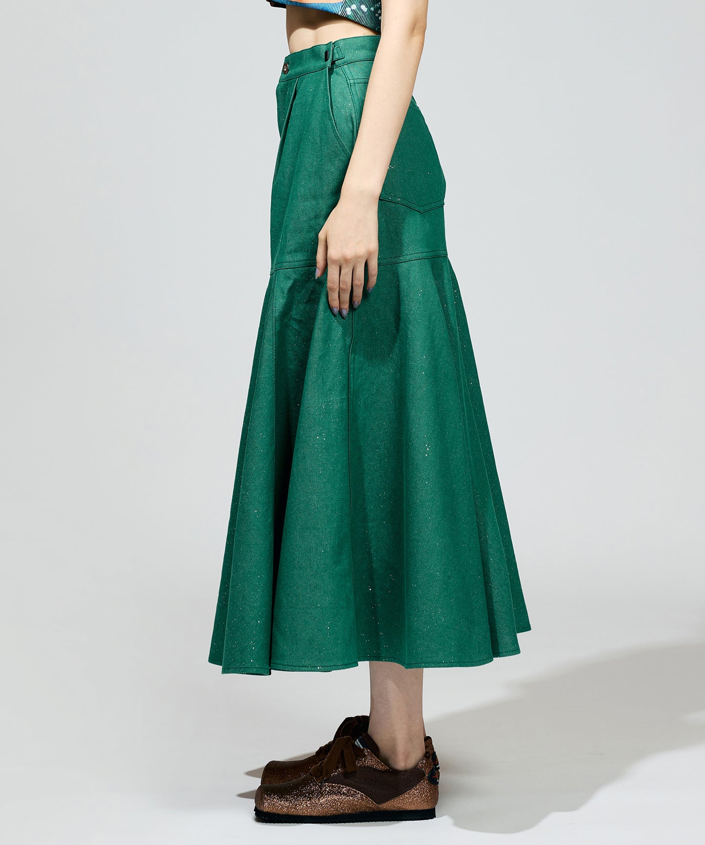 LAME DENIM FLARE SKIRT