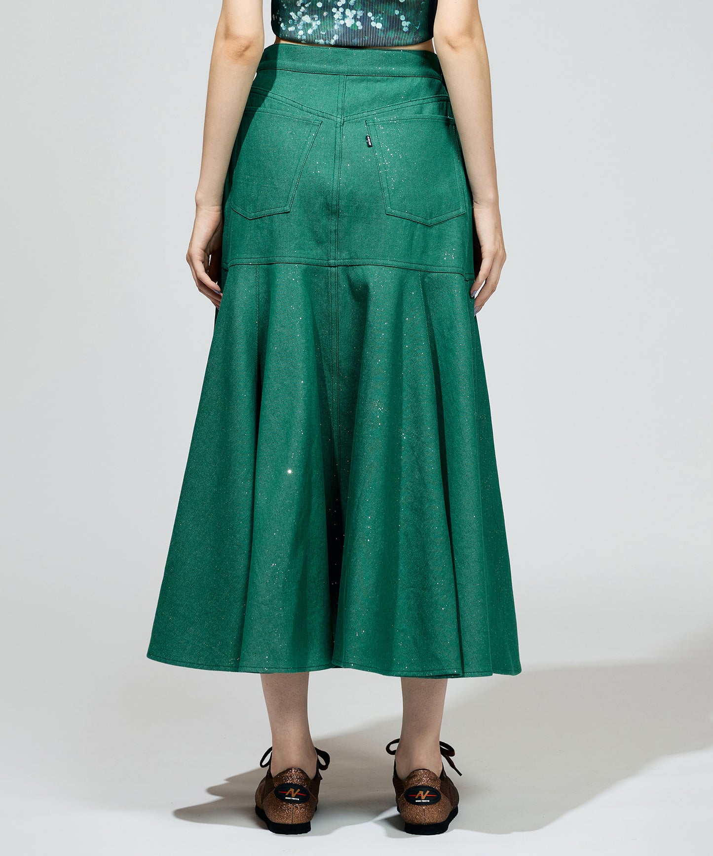 LAME DENIM FLARE SKIRT
