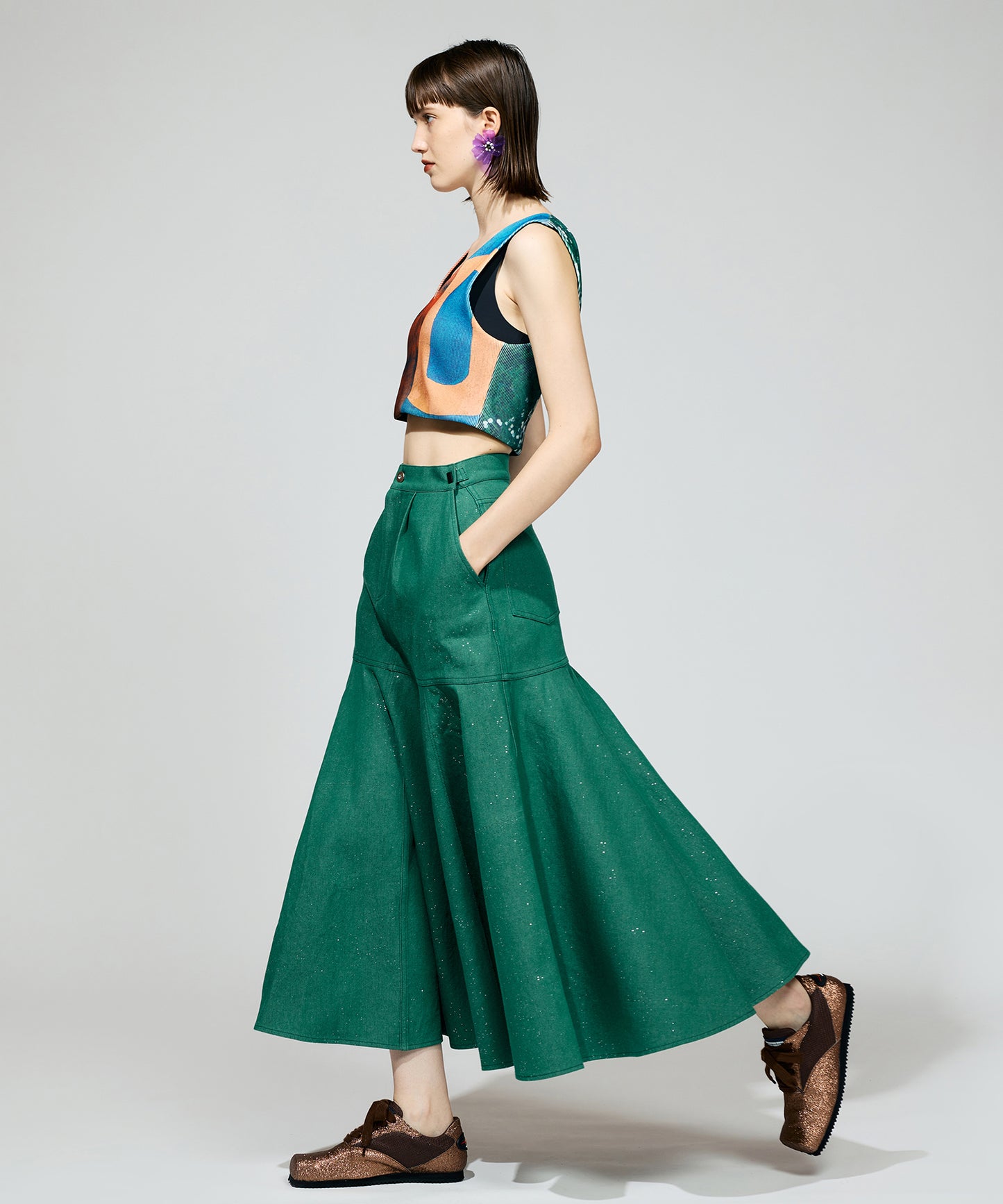 LAME DENIM FLARE SKIRT