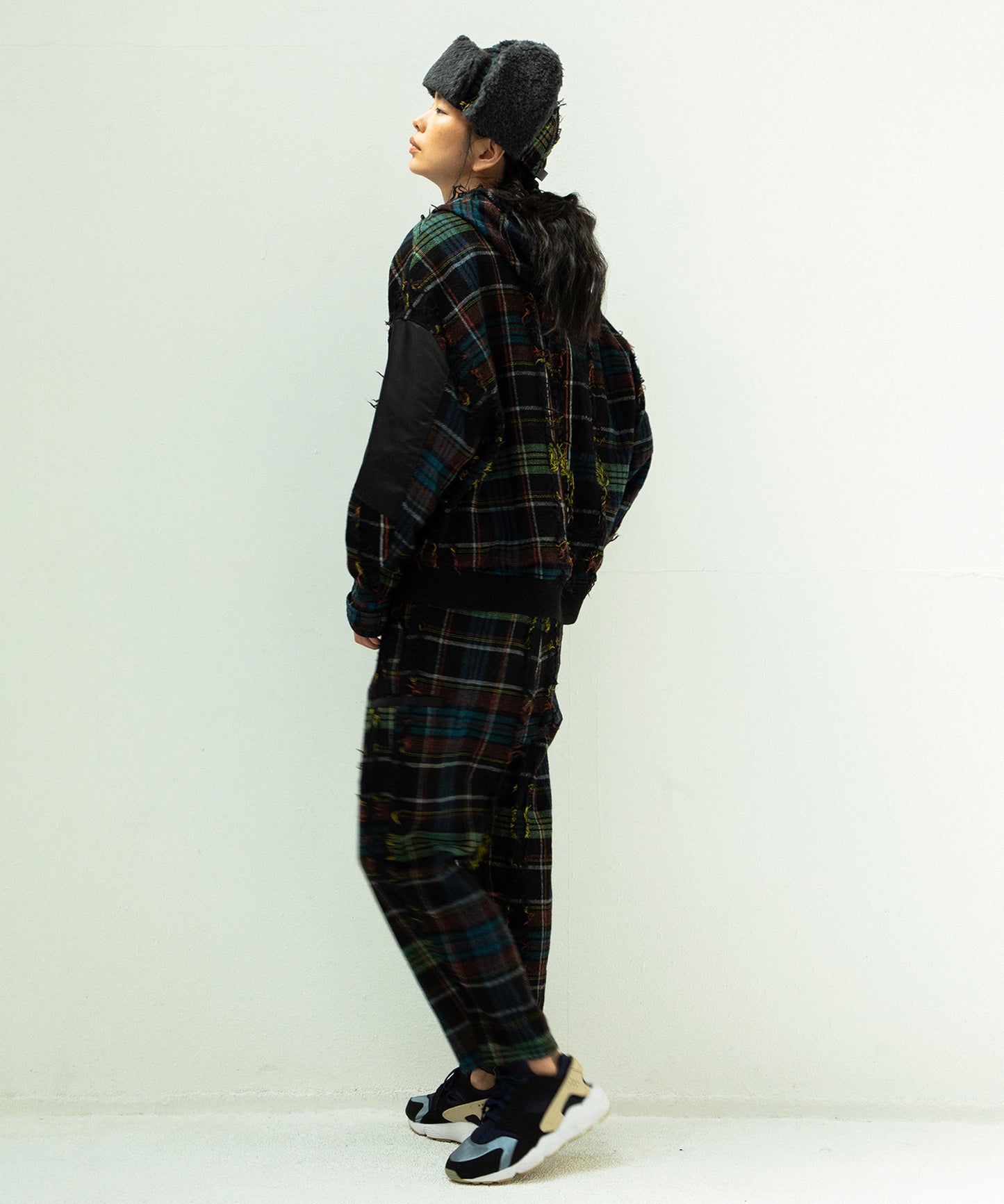 FRINGE WOOL CHECK WIDE SLACKS